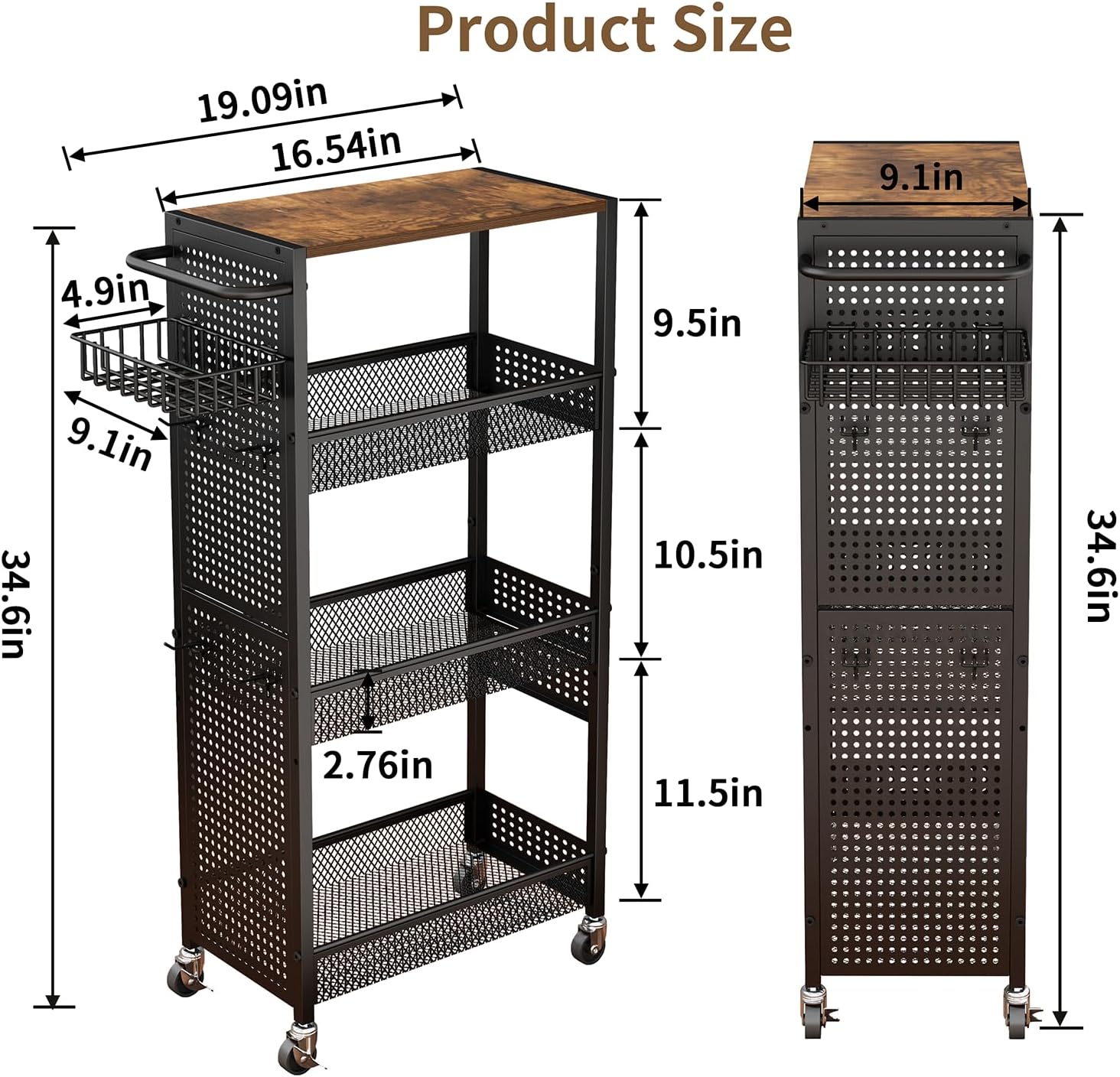 Slim Storage Rolling Cart: 4-Tier Narrow Metal & Wood Utility Cart with Wheels for Kitchen/Laundry/Bathroom(Black)