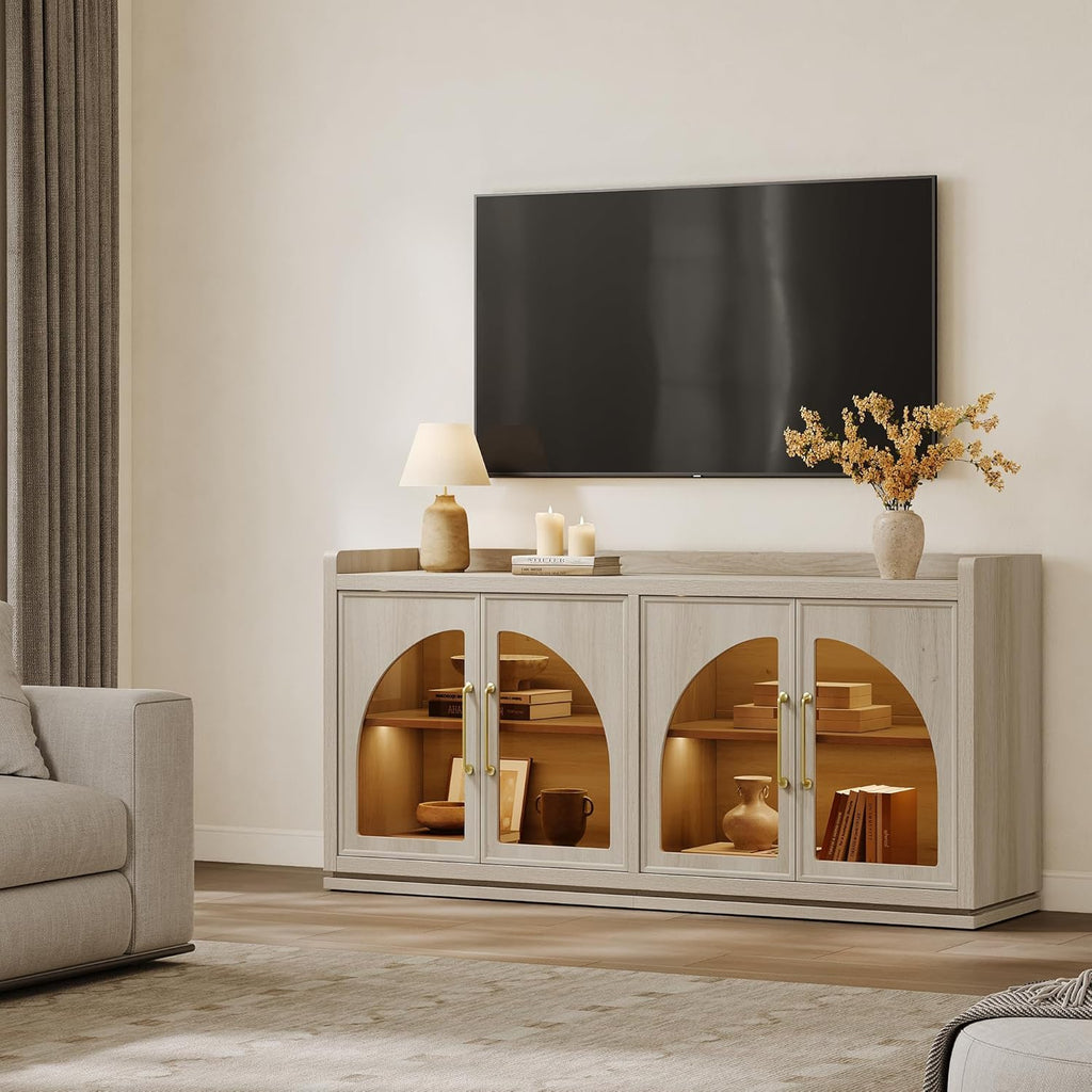 SICOTAS Sideboard Buffet Cabinet with Storage and LED Lights-Farmhouse Large Credenza Storage Cabinet with Arch Glass Doors, Adjustable Shelves, 61.7" Media Console Coffee Bar Cabinet, Grey White Oak