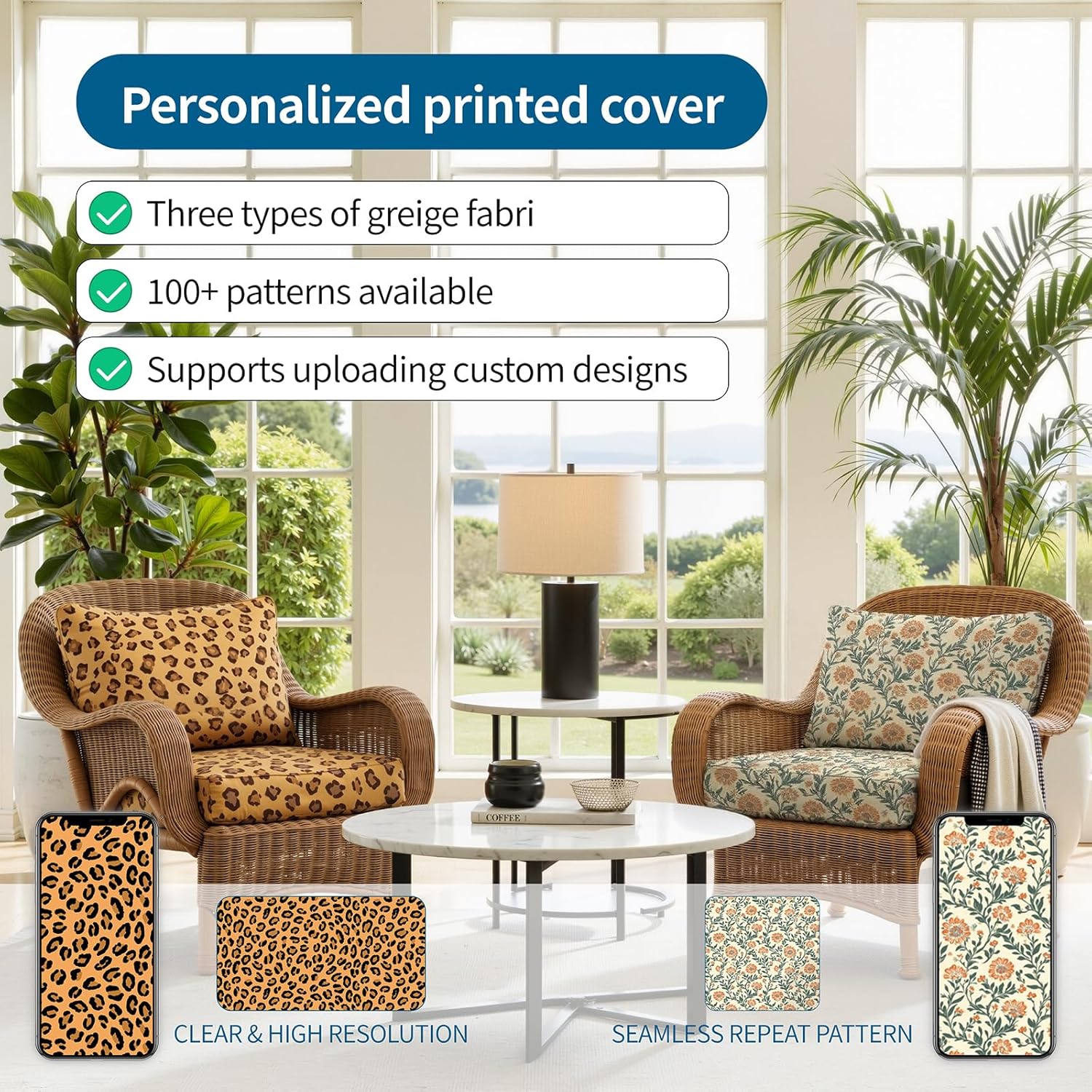 Detiblue Custom Size Chair Cushion Set, Seat & Back Replacement Cushions for Indoor Outdoor Furniture, Personalized Fabric & Print Options with Soliguard Performance