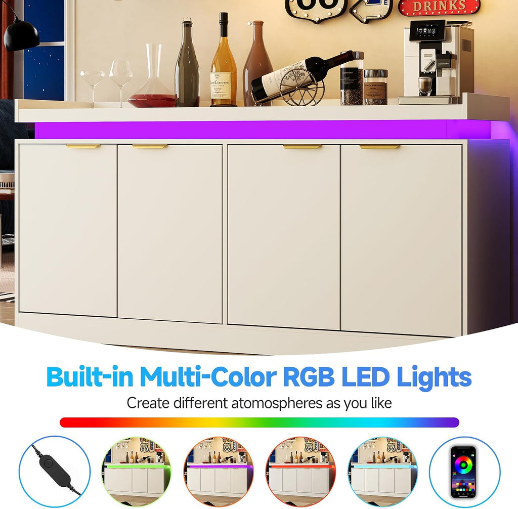 knoworld LED Sideboard Buffet Cabinet with Storage, 63'' Large Kitchen Buffet Cabinet Storage Cabinets with 4 Doors, Wood Coffee Bar Cabinets Buffet Table for Kitchen, Dining, White