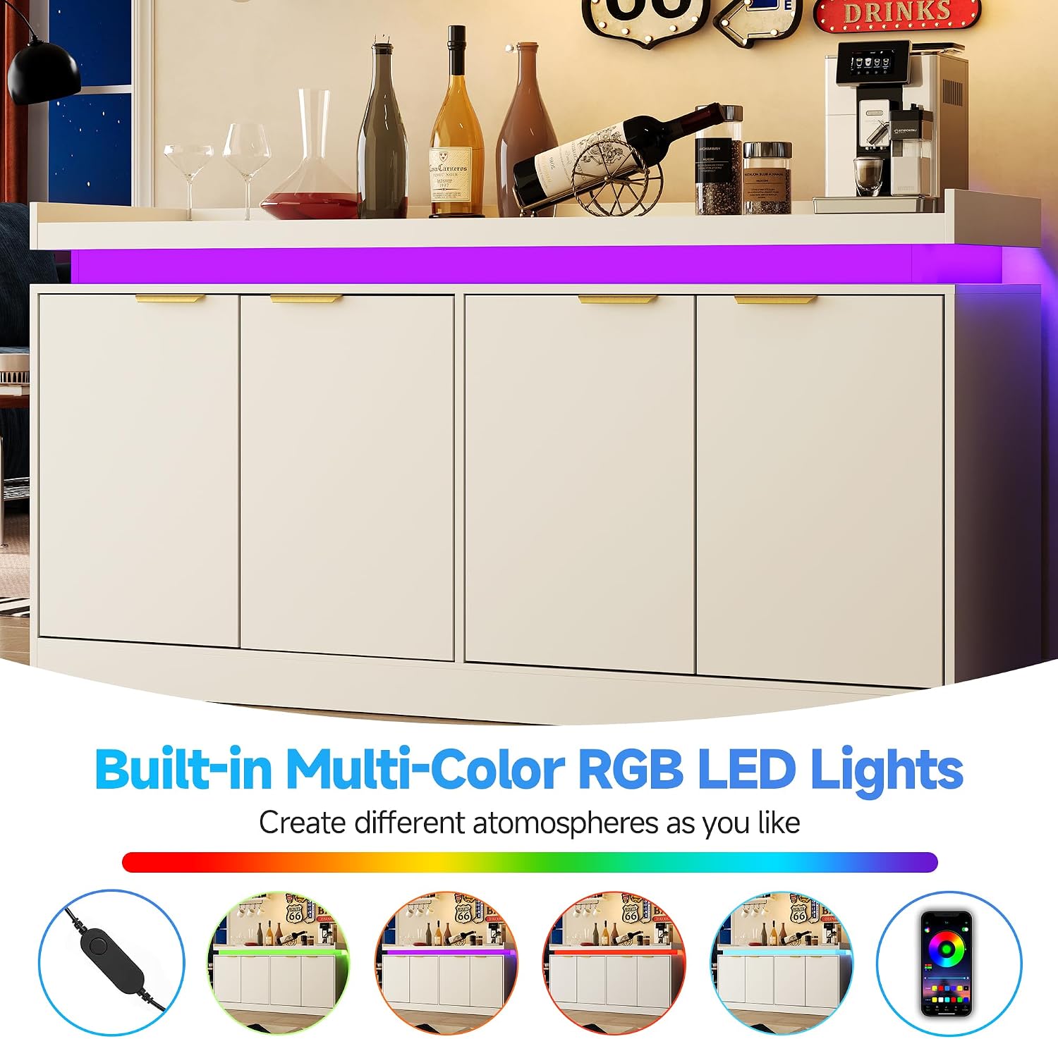 knoworld LED Sideboard Buffet Cabinet with Storage, 63'' Large Kitchen Buffet Cabinet Storage Cabinets with 4 Doors, Wood Coffee Bar Cabinets Buffet Table for Kitchen, Dining, White