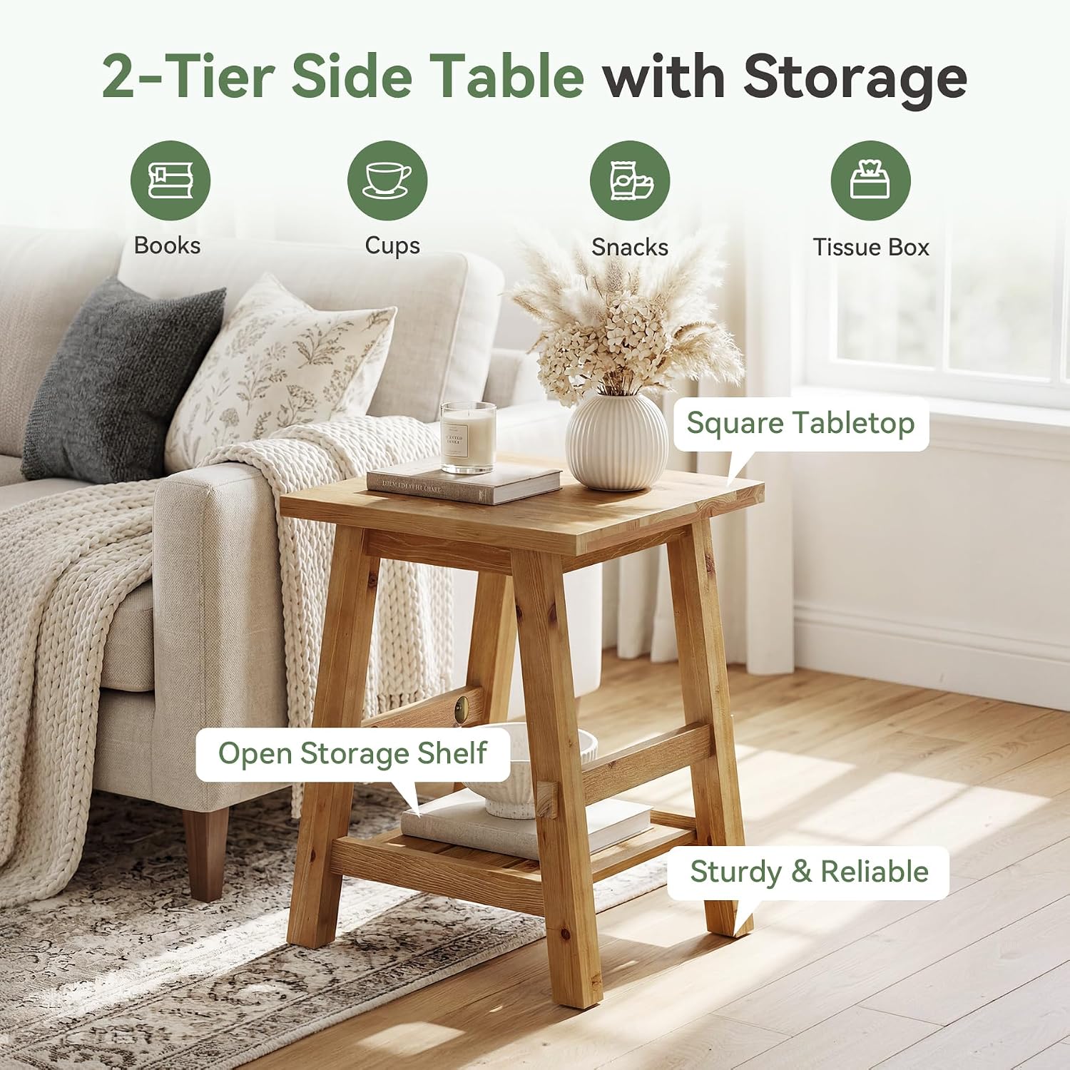 Solid Wood Square Side Table, 2 -Tier Farmhouse End Table, Nightstands with Shelf Storage for Living Room, Bedroom, Office and Small Spaces, Rustic Brown