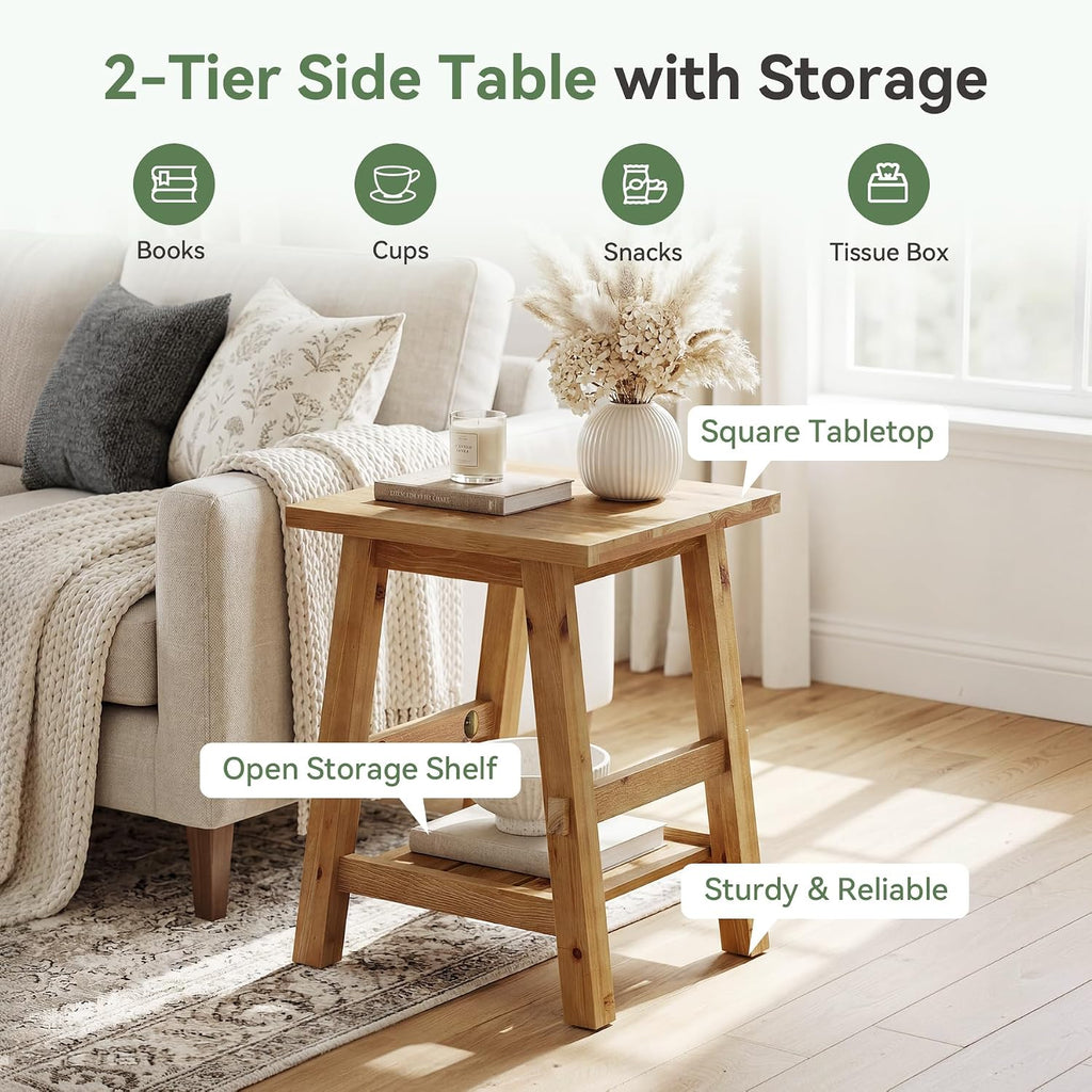 Solid Wood Square Side Table, 2 -Tier Farmhouse End Table, Nightstands with Shelf Storage for Living Room, Bedroom, Office and Small Spaces, Rustic Brown