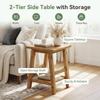 Solid Wood Square Side Table, 2 -Tier Farmhouse End Table, Nightstands with Shelf Storage for Living Room, Bedroom, Office and Small Spaces, Rustic Brown