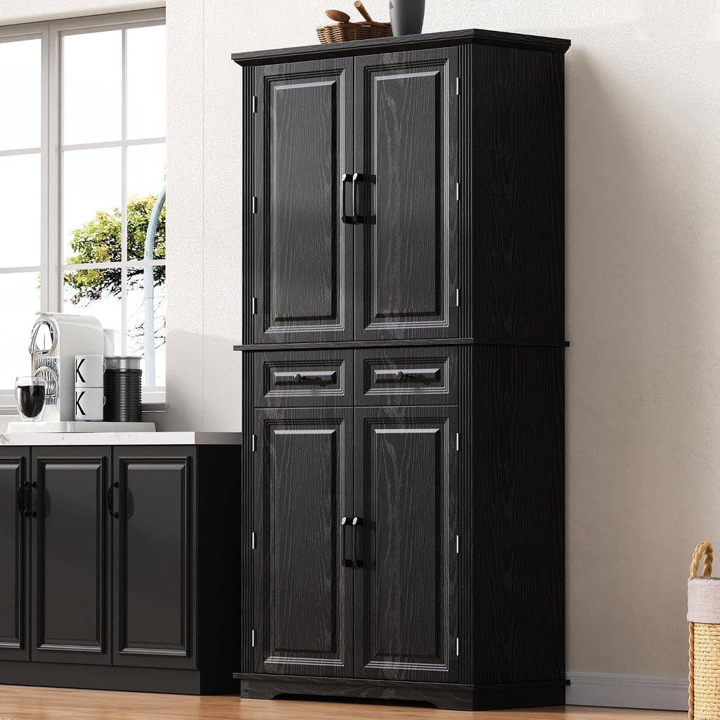 Ball & Cast 71" Tall Kitchen Pantry Cabinet W/3 Pull Out Organizers,Farmhouse Embossed Texture Storage Cabinet W/6 Door Shelves & 2 Drawers,Freestanding Cupboard for Kitchen,Dining Room,Black
