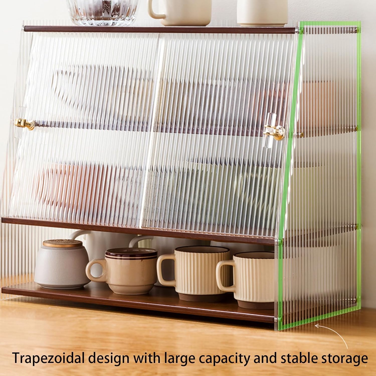 Kitchen Pantry Storage Cabinet, Trapezoidal Countertop Cabinet with Shelves and Striped Acrylic Door for Kitchen Countertops, Coffee Bars, for Syrup, Cups, Stirrer (C)