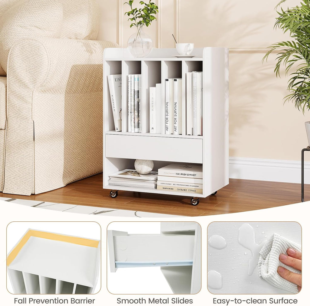 LOKO Record Player Stand On Wheels, Rolling Turntable Stand with 5 Compartments, Drawer & Open Shelf, Vinyl Display Shelf Storage Cabinet for Living Room, Bedroom, Study (White, 21" x 14")