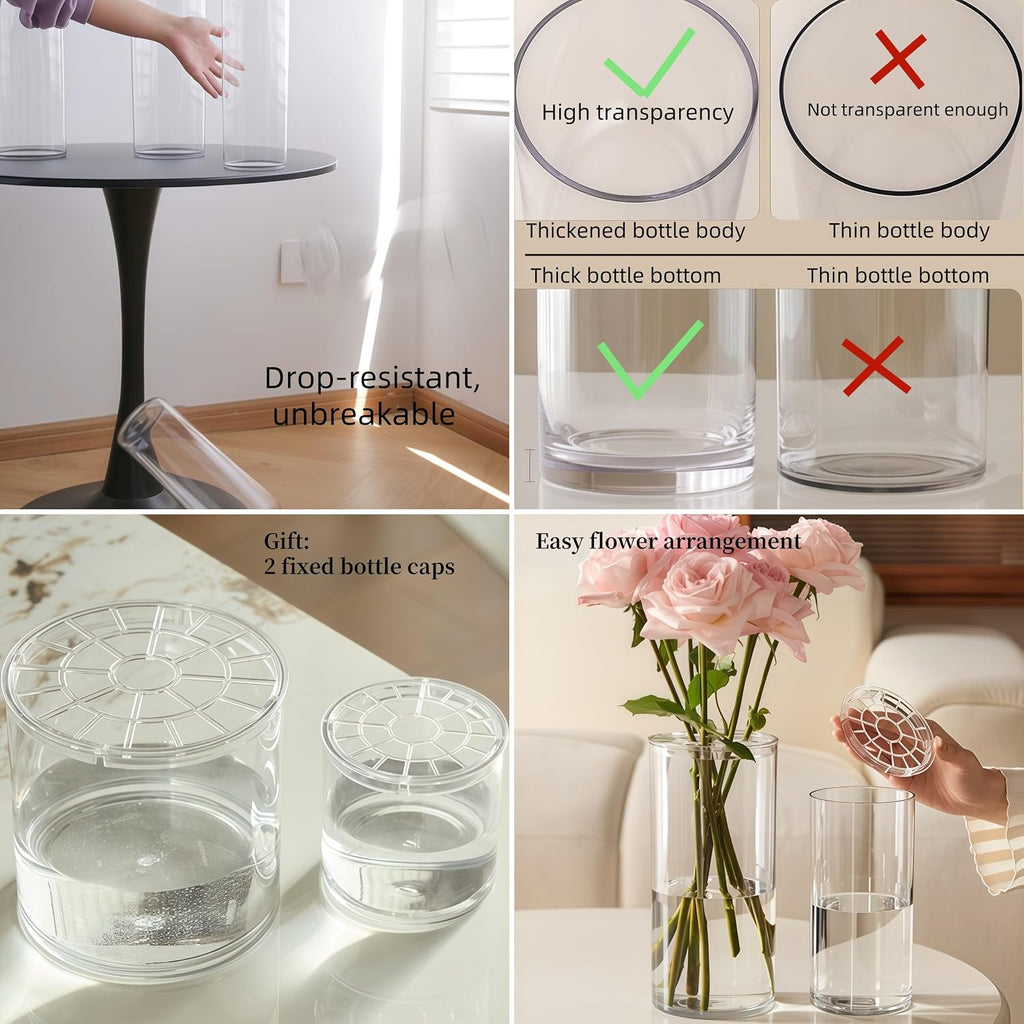 Tall Modern Clear Acrylic Cylinder Flower Vase 4x12 Inch Set of 2 | High Transparency, Unbreakable, Lightweight, Easy To Clean, for Arrangement, Home Decor, Wedding Centerpiece