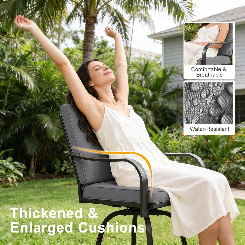 Outdoor Swivel Bar Stools Set of 4, Patio Bar Height Swivel Stools with Cushions for Garden Balcony Backyard, Grey