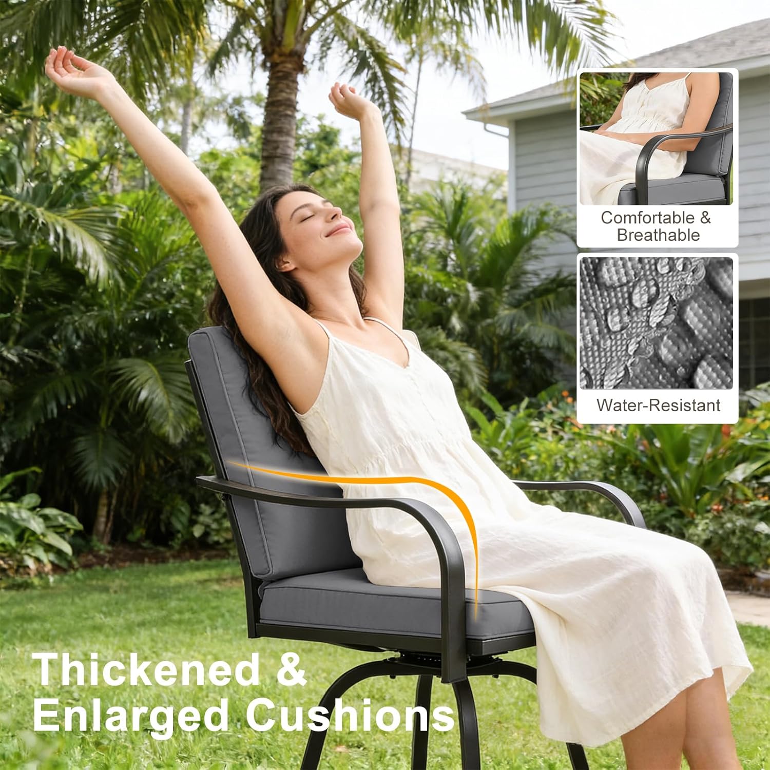 Outdoor Swivel Bar Stools Set of 4, Patio Bar Height Swivel Stools with Cushions for Garden Balcony Backyard, Grey