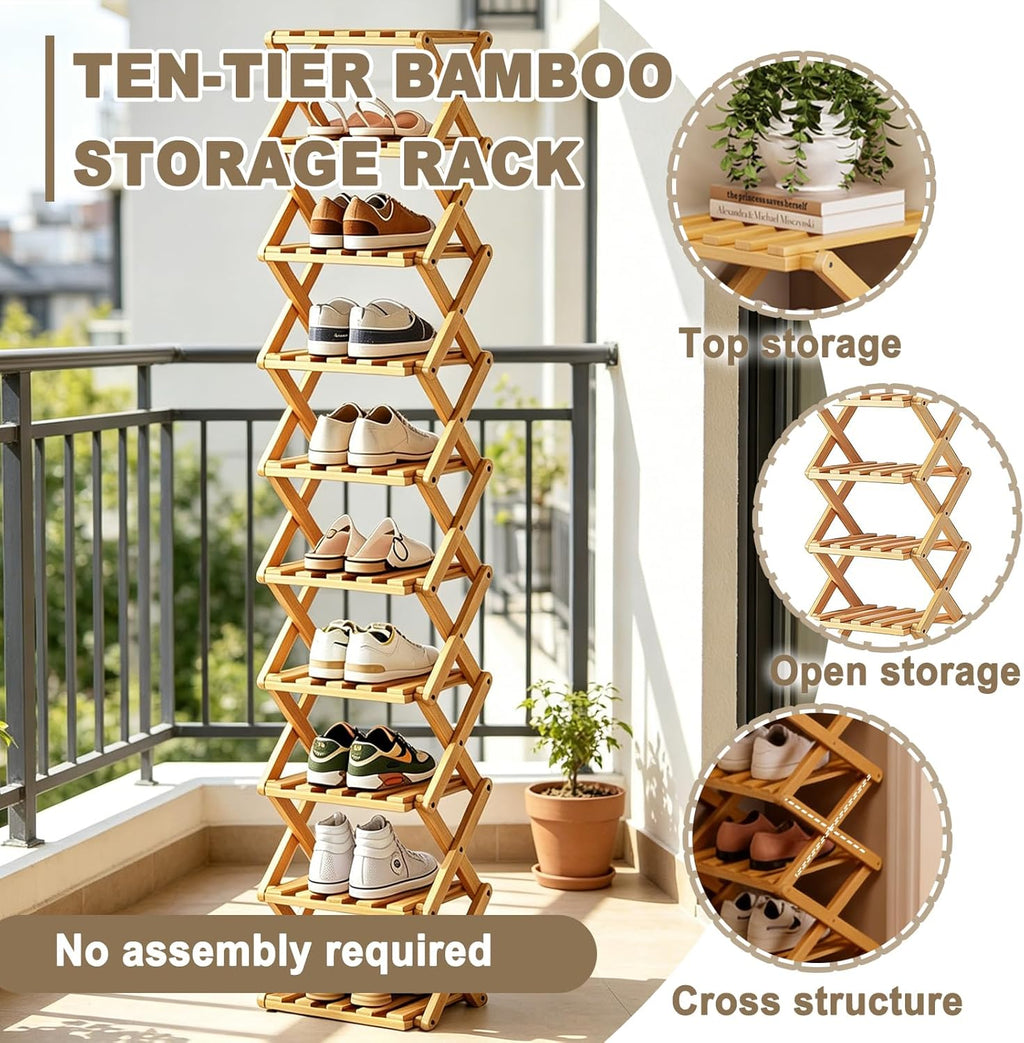 10 Tier Bamboo Shoe Rack, Foldable 10 Tier Bamboo Corner Shoe Rack,Small Shoe Rack for Hallways, Bedrooms, and Compact Spaces