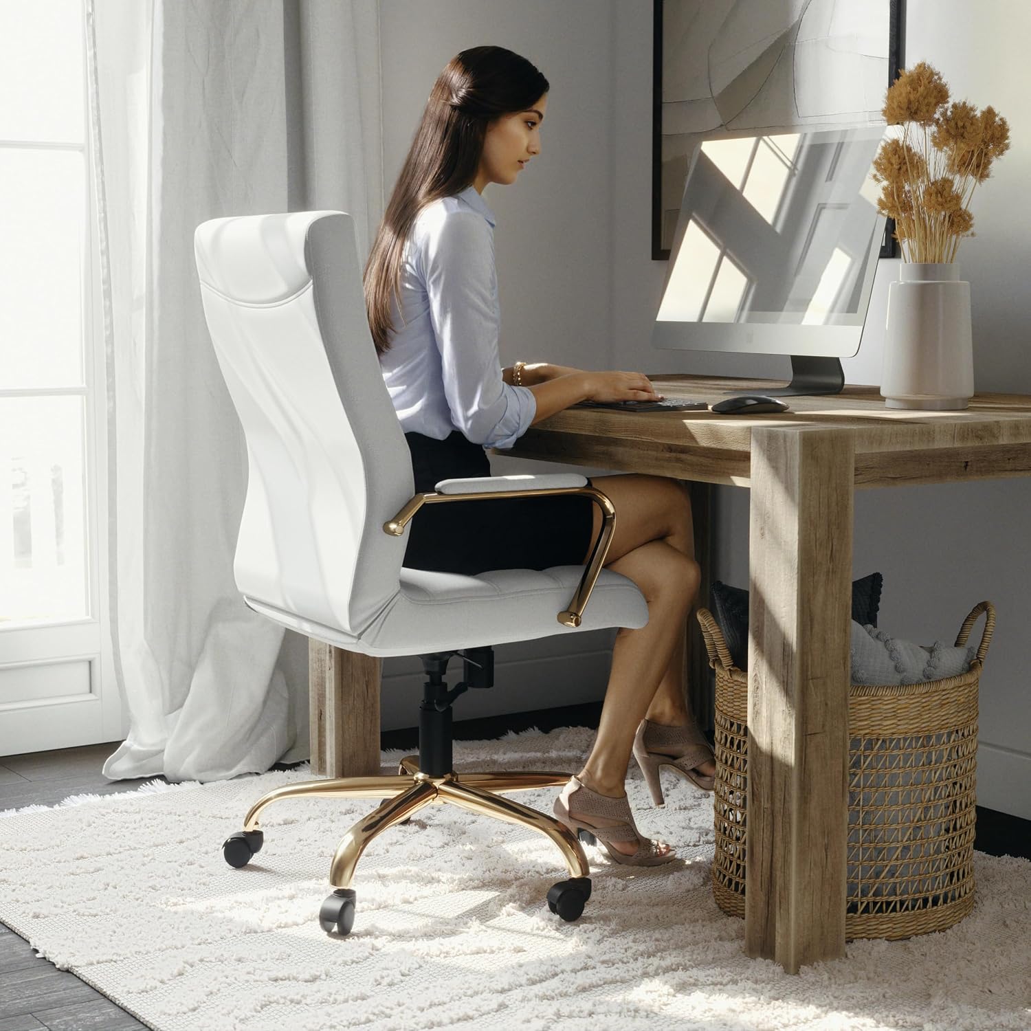 Flash Furniture Whitney Mid-Back Swivel LeatherSoft Desk Chair with Padded Seat and Armrests, Adjustable Height Padded Office Chair, 27"D x 26"W x 43"H, White/Gold