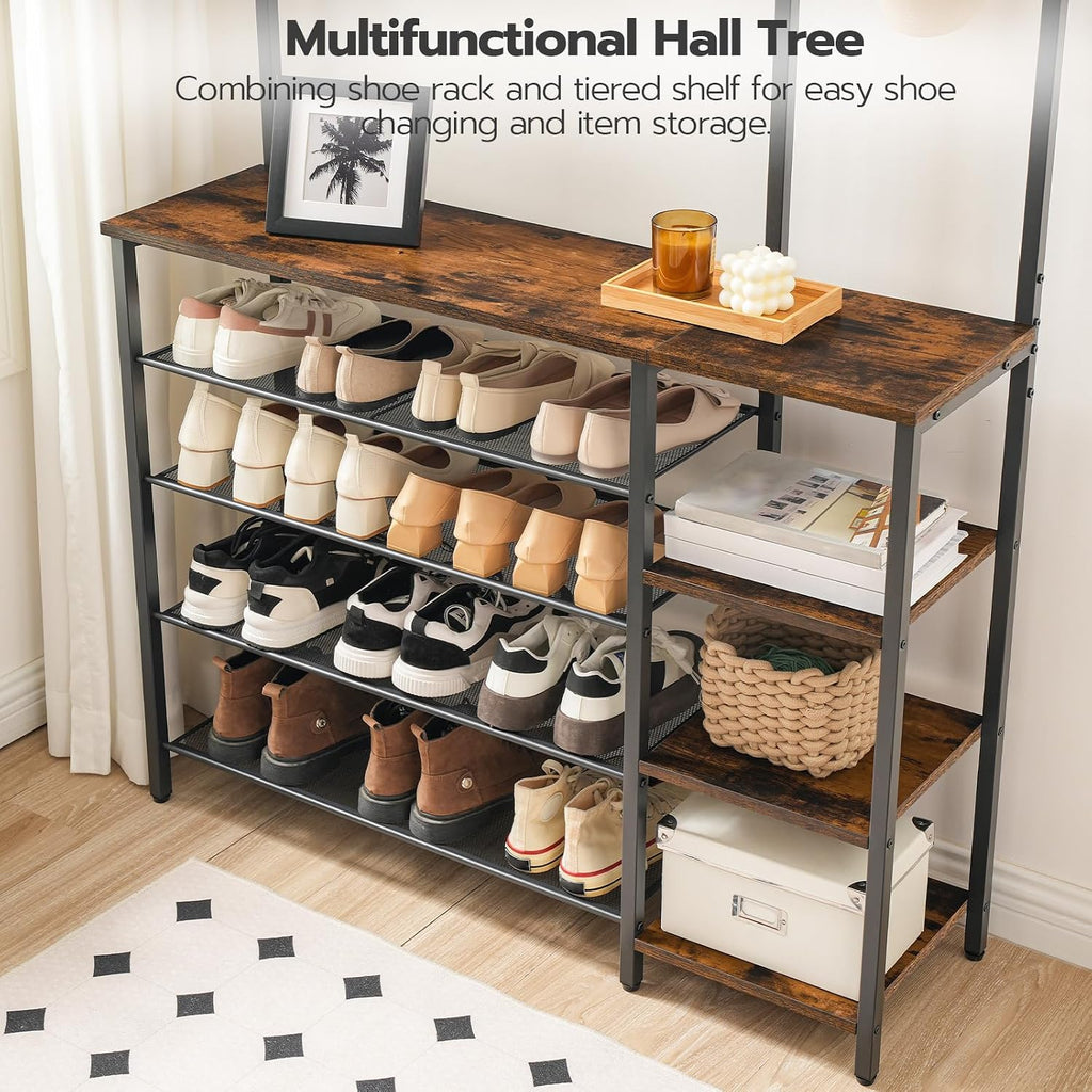 HOOBRO Hall Tree with Bench, Entryway Bench with Coat Rack, Shoe and Coat Rack for Entryway, Coat Rack with Shoe Storage and Reversible Storage Shelves, Rustic Brown BF105MT01