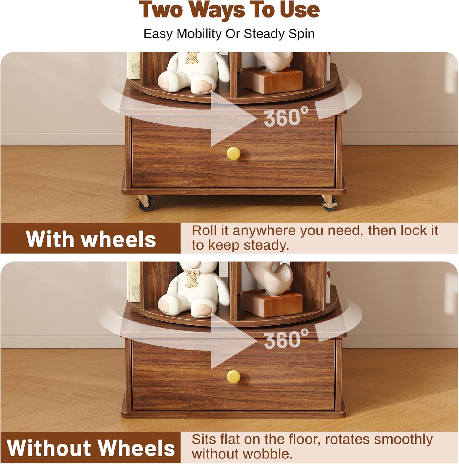 4 Tier Wood Rotating Bookshelf, 360° Spinning Bookshelf Tower with Lockable Wheels, Round Revolving Bookcase for Bedroom, Small Space, Corner, Office, Reading Nooks, Hallways, Walnut