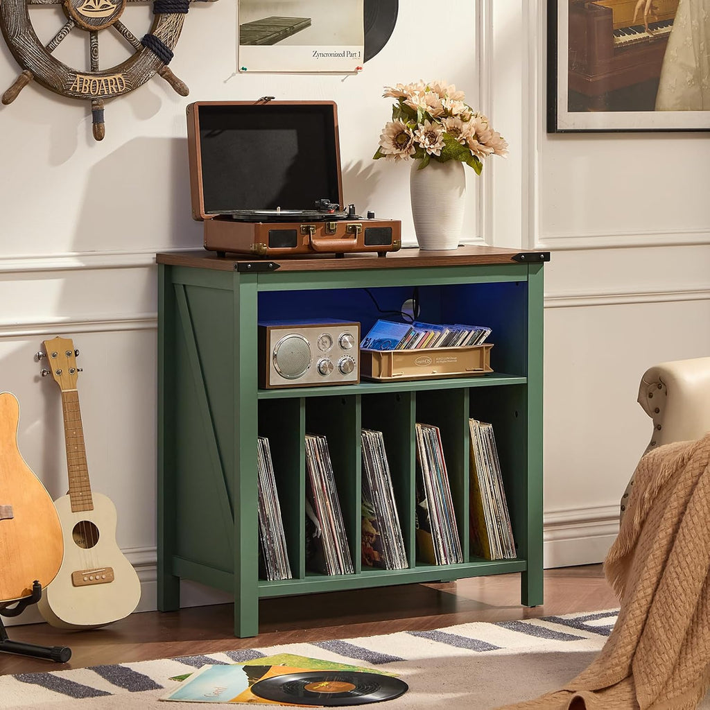Joaxswe Large Record Player Table with Charger Station & LED Lights, Vinyl Record Storage Player Table up to 230 Albums, Turntable Stand with Display Shelf for Music Room Bedroom Living Room (Green)