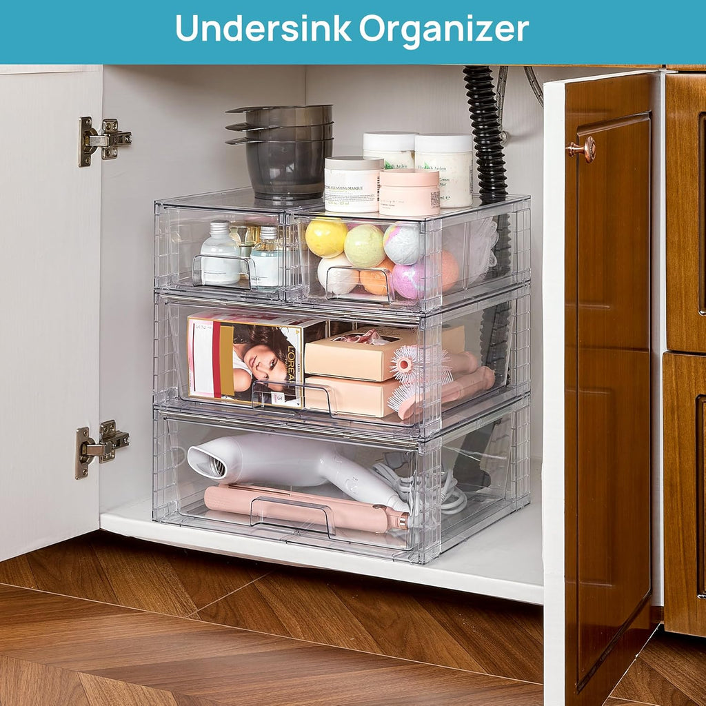Vtopmart 3 Pack Stackable Storage Drawers, Easily Assemble Acrylic Bathroom Undersink Organizers,Clear Plastic Storage Bins for Closet,Cabinet,Pantry,Medicine Organization