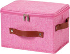 Storage Bin Box with Zippered Lid Cotton Linen Fabric Decorative Basket with PU Leather Handles PP Plastic Board Foldable Lidded Clothing Shelf Closet Organizer Container (Pink, Small)