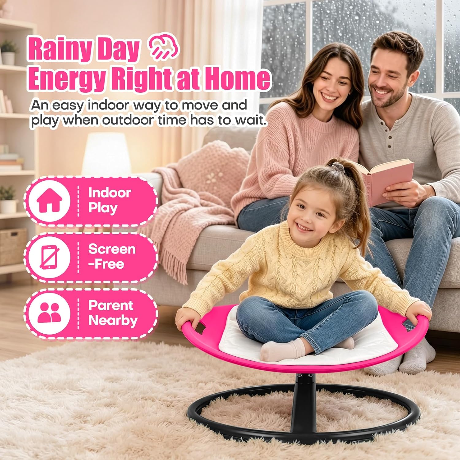 JOYCAT Spinning Chair for Autistic Kids, 360° Sensory Swivel Chair with Soft Washable Cushion, Grip Handles & Anti-Slip Base,220LBS Kids Spin Chair for Autism Sensory Play,Classroom & Calm Corner,Pink