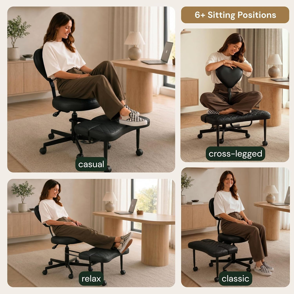 Ergonomic Cross Legged Office Chair with Foot Rest for Kneeling Seating - Crisscross Desk Chair with Wheels for ADHD to Sit Cross Legged - Multi-Position Adjustable Seat with Back Support for Women