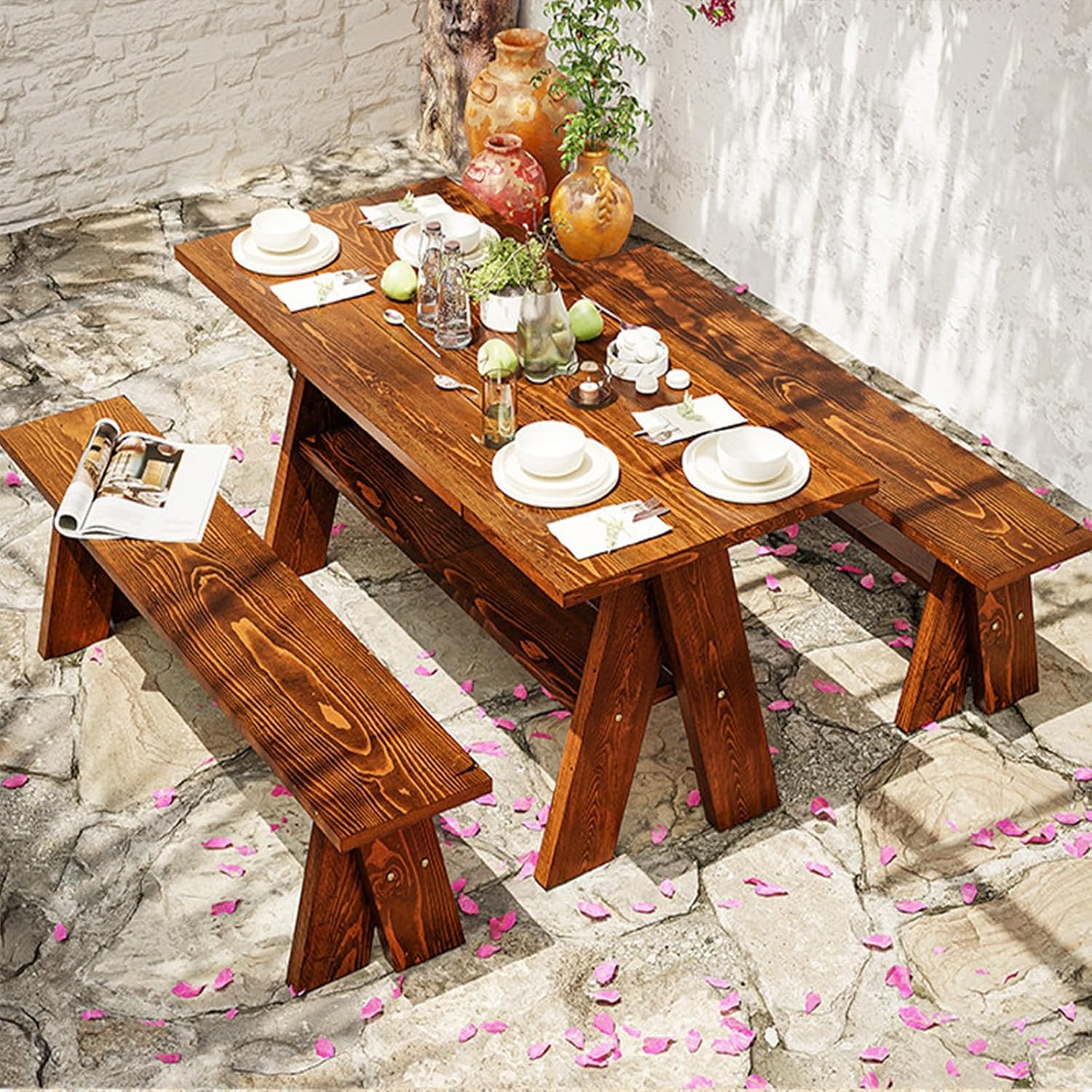 Outdoor Wooden Bench, 16in High Outdoor Garden Bench, 837lbs Load Capacity, Suitable for Patios, Porches, Dining Rooms, Brown(150x41x28.5cm/59x16x11in)