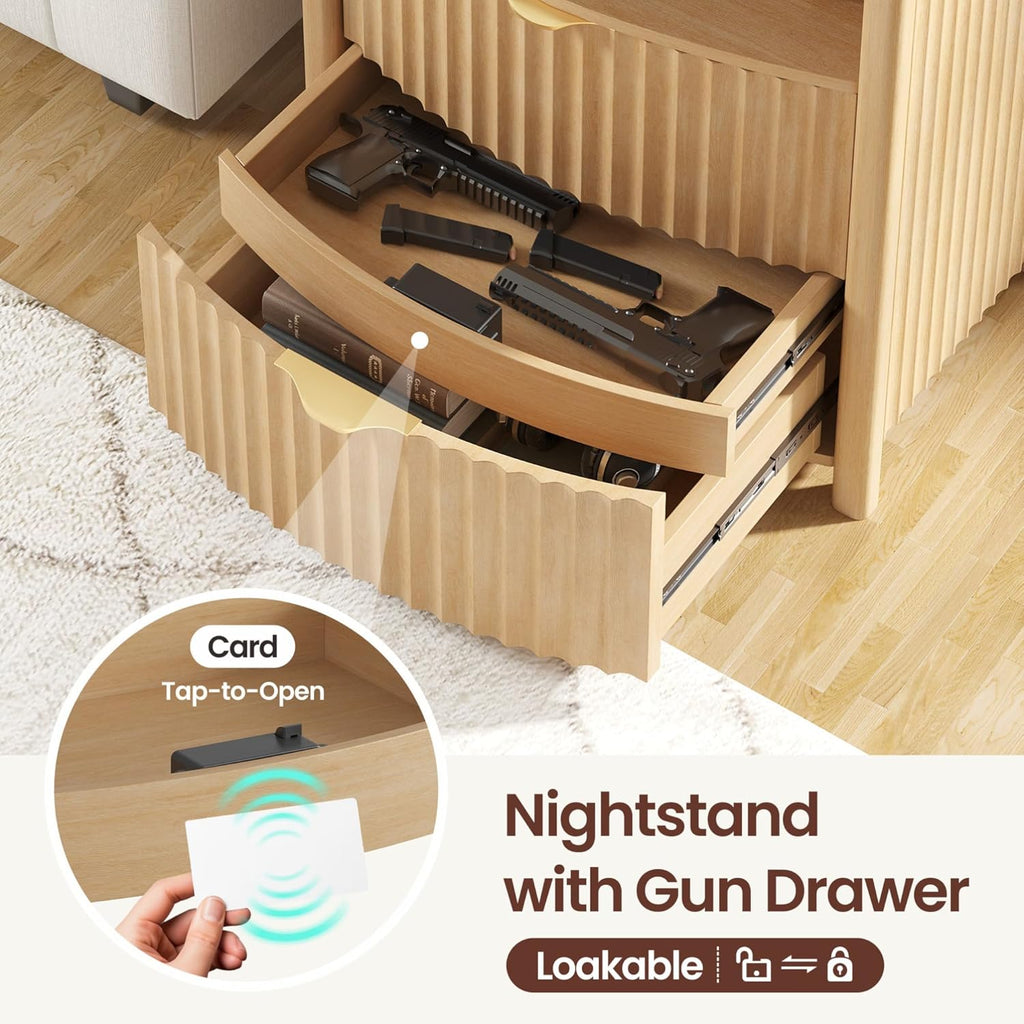 Dystler Fluted Night Stand with Gun Drawer & Card-Lock, 19.7" W Curved Nightstand with Charging Station and LED Lights, 2 Drawers Smart Bedside Table for Bedroom (1, Oak)