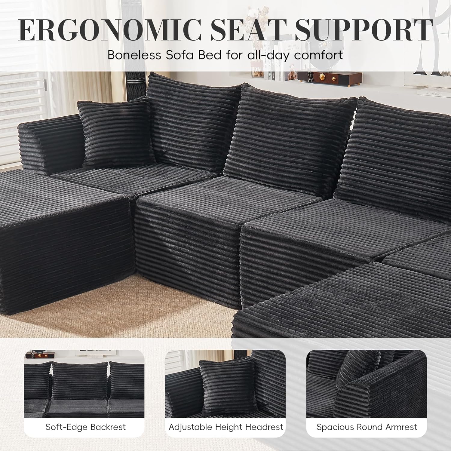 130" Modular Sectional Sofa,Modular Cloud Sofa,U-Shaped Cloud Couch with High-Density Foam & Corduroy Fabric,Boneless Couch Deep Seat Couch for Living Room Apartments Bedroom No Assembly Required ﻿