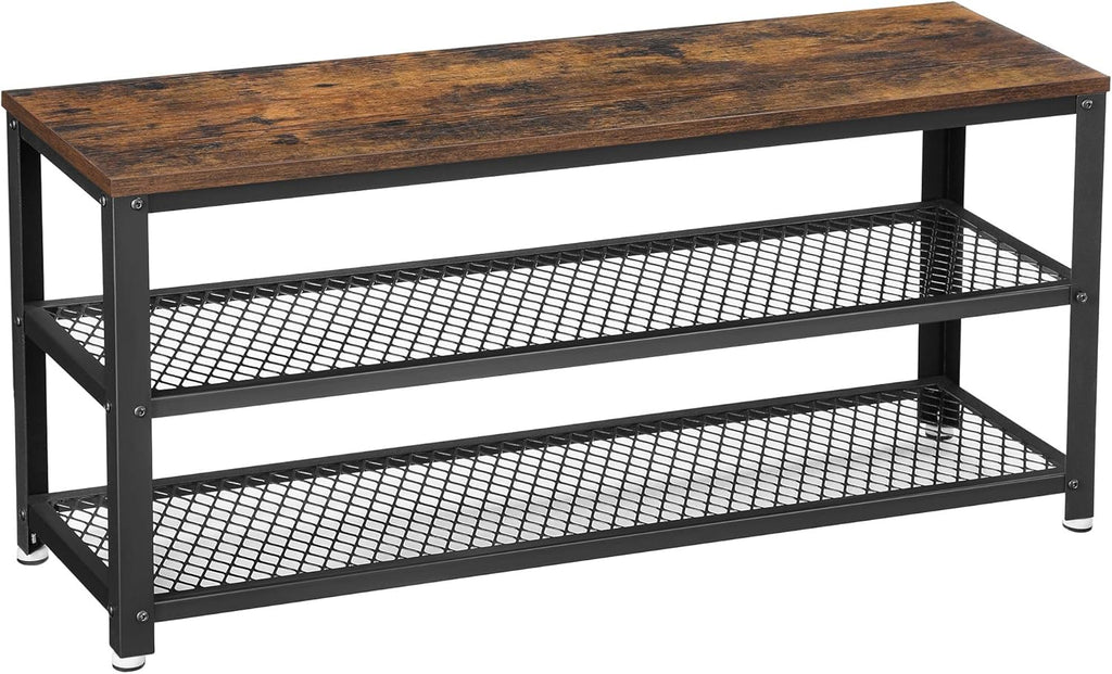 VASAGLE 3-Tier Shoe Rack, Shelf Storage Bench with Metal Mesh Shelves and Seat, Free Standing Shoe Organizer for Entryway, 11.8 x 39.4 x 17.7 Inches, Rustic Brown and Black ULBS078B01
