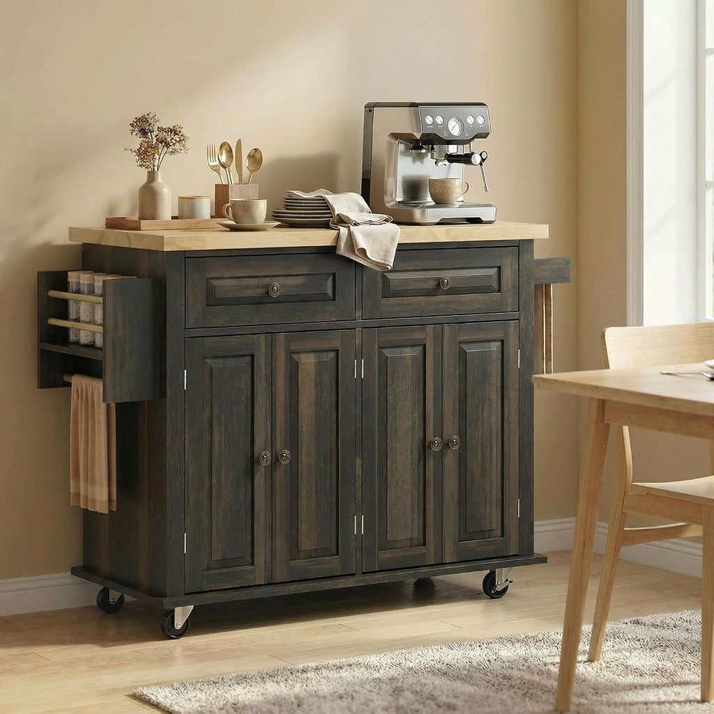 HOMCOM Kitchen Island Cart with Solid Wood Top 44" Mobile Brown Oak | Kitchen Island Table, on Wheels, Storage Cabinets, 2 Drawers, Adjustable Shelves, Spice Rack & Towel Bar, for Dining Room