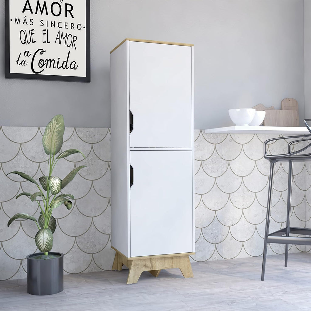 Pamplona Microwave Tall Cabinet with Double Doors - Light Oak & White Combo