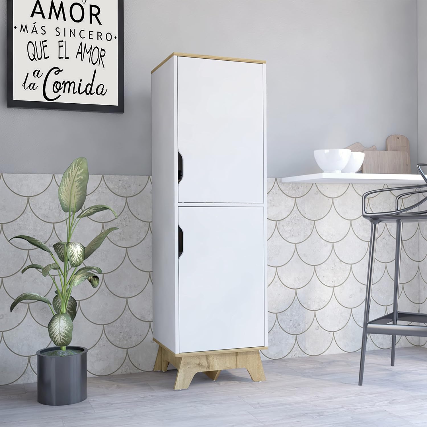 Pamplona Microwave Tall Cabinet with Double Doors - Light Oak & White Combo