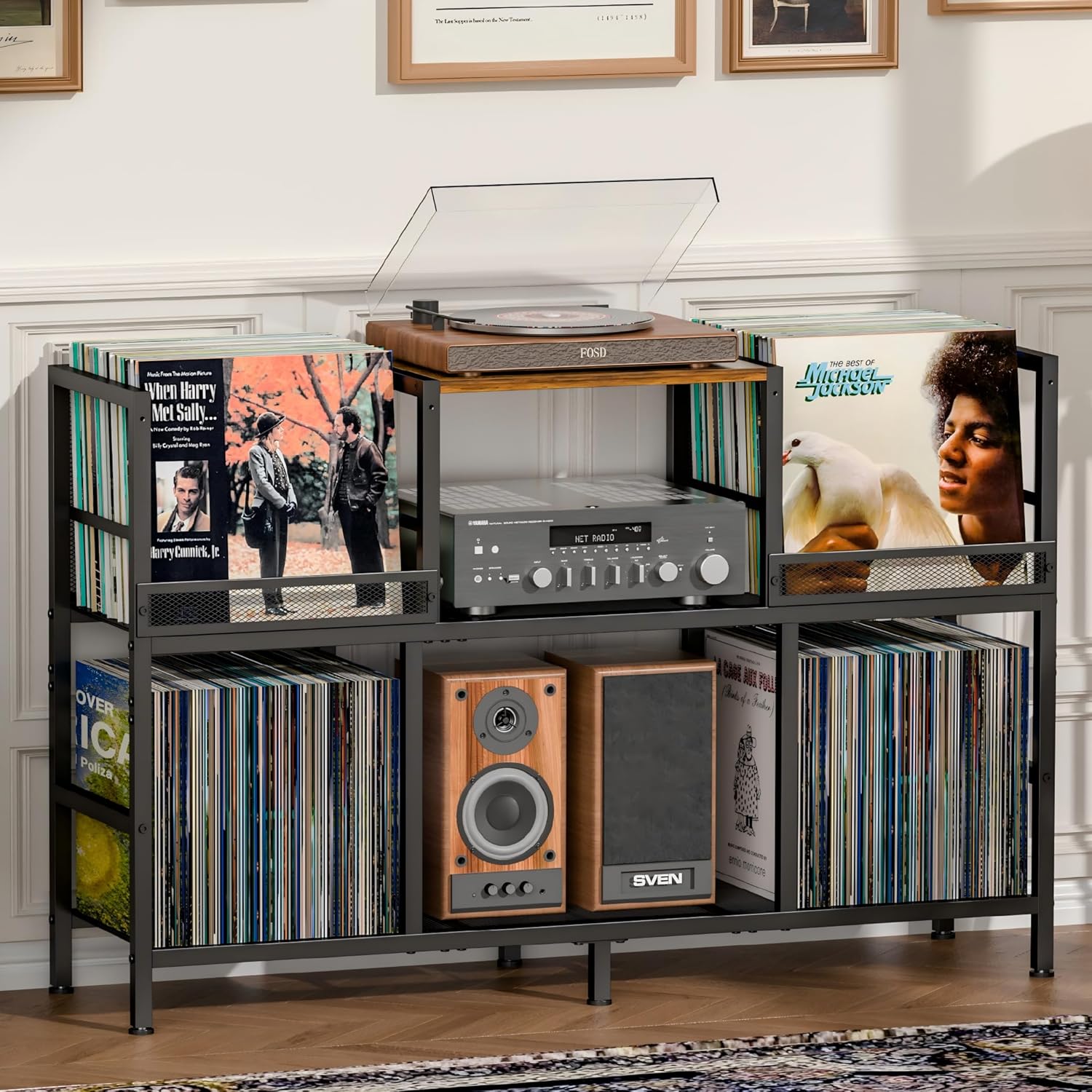 Record Player Stand, Turntable Stand with 3-Compartment Vinyl Storage Cabinet, Holds 300+ Albums, Sturdy Record Player Table for Living Room & Music Room