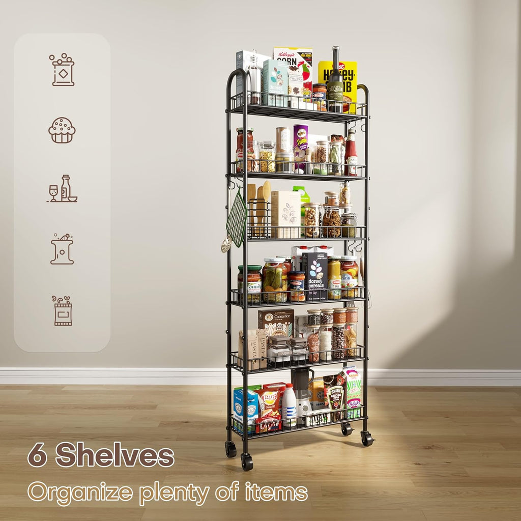 Slim Rolling Storage Cart with Wheels, Metal 6 Tier Spice Rack Mobile Shelving Unit Organizer Kitchen Utility Cart for Office Bathroom Kitchen Laundry Room Narrow Places (6inches)