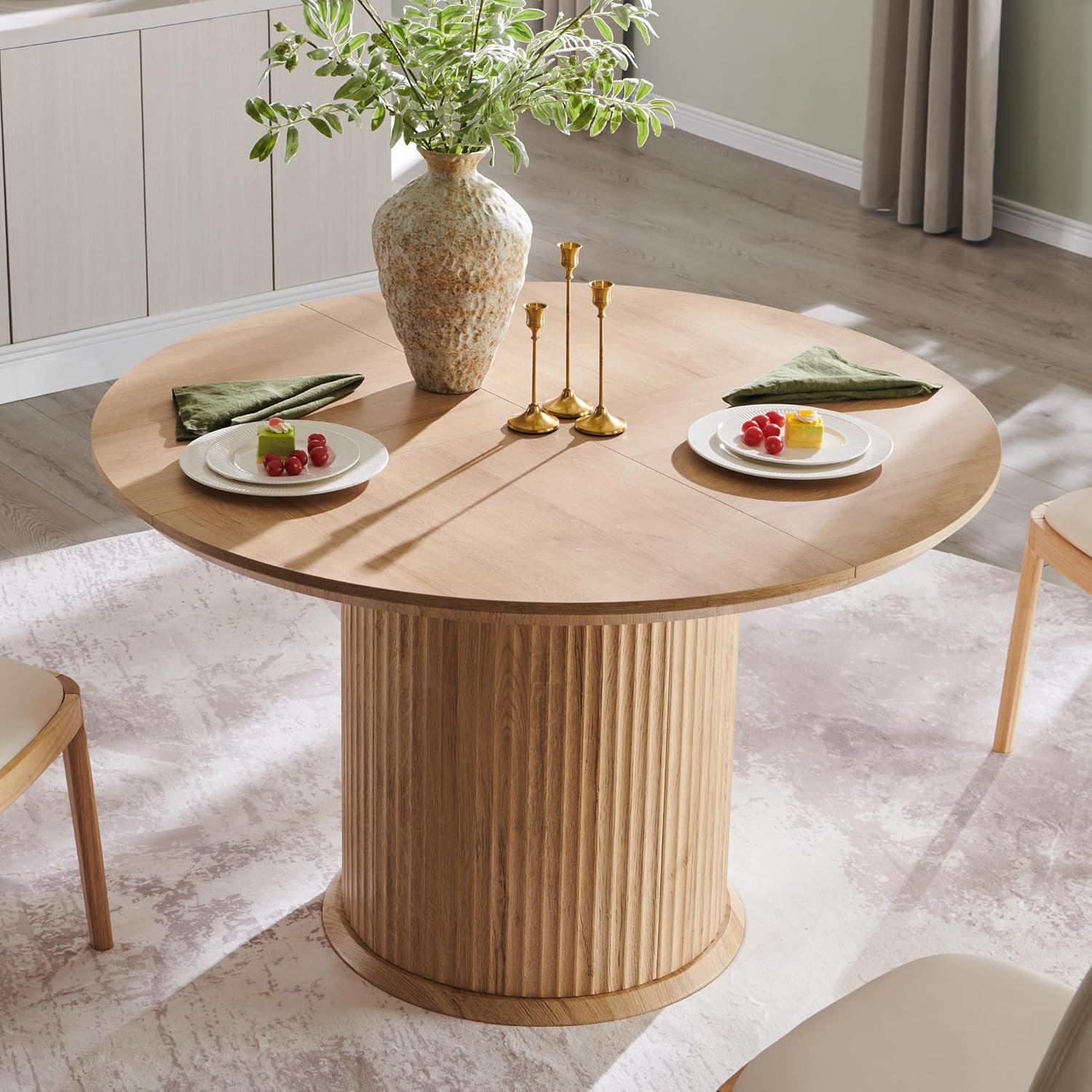 OKD Fluted Round Dining Table for 4, 47" Modern Kitchen Table with Thickened Edge & Cylindrical Base for Kitchen Living Room,Natural Oak(Table Only)