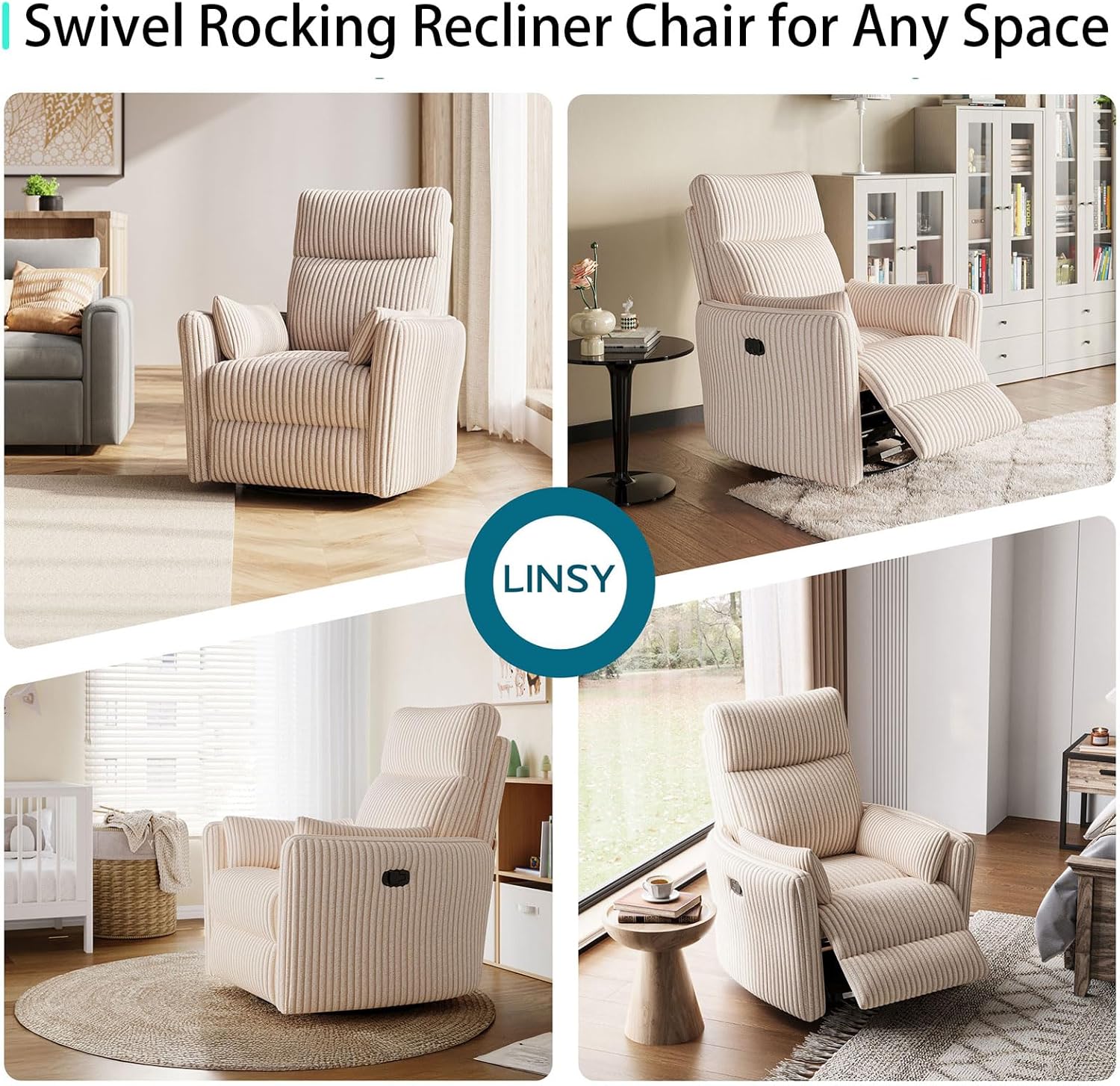 LINSY 360 Swivel Recliner Chair, Nursery Glider Rocking Chair with 2 Pillows, Corduroy Nursing Chair Comfy High Back Adult Rocker Recliner for Small Spaces, Nursery Bedroom Living Room (Beige)