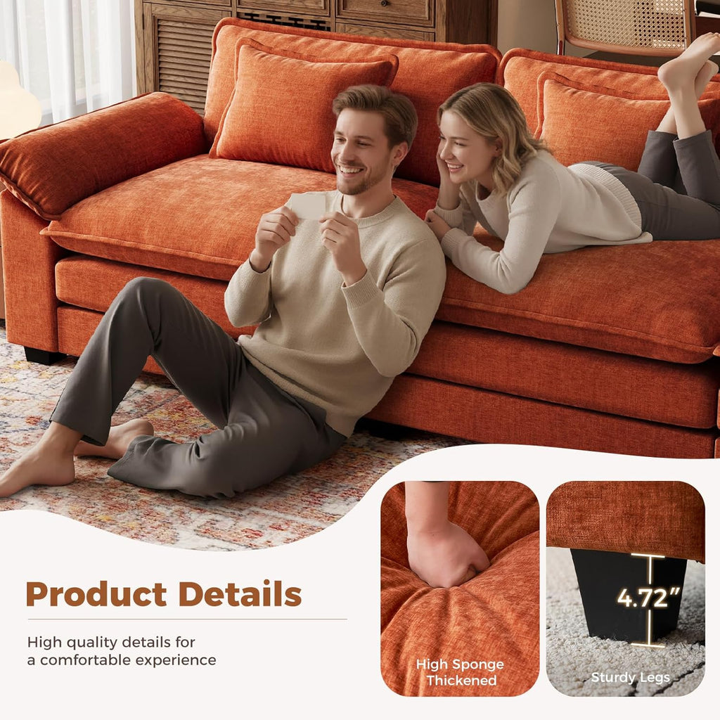 CDCASA 120" Modular Sectional Sofa, Comfy L-Shaped Cloud Couch with Movable Ottomans, Oversized 4-Seater Chenille Deep Seat Sofa Couch for Living Room, DIY Combination, Terracotta Orange