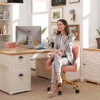 MOJAY Velvet Home Office Desk Chair, Vanity Chair with Wheels Pretty Fancy Gold 360°Swivel Height Adjustable Office Chairs for Girls Home Offices, Bedrooms, Living Room (Pink)