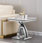 Marble End Table Modern Square Silver Living Room Table Sofa Side Table with Mirrored X-Shape Stainless Steel Base, Luxury White Faux Marble Small Bed Side Corner Table for Living Room Bedroom