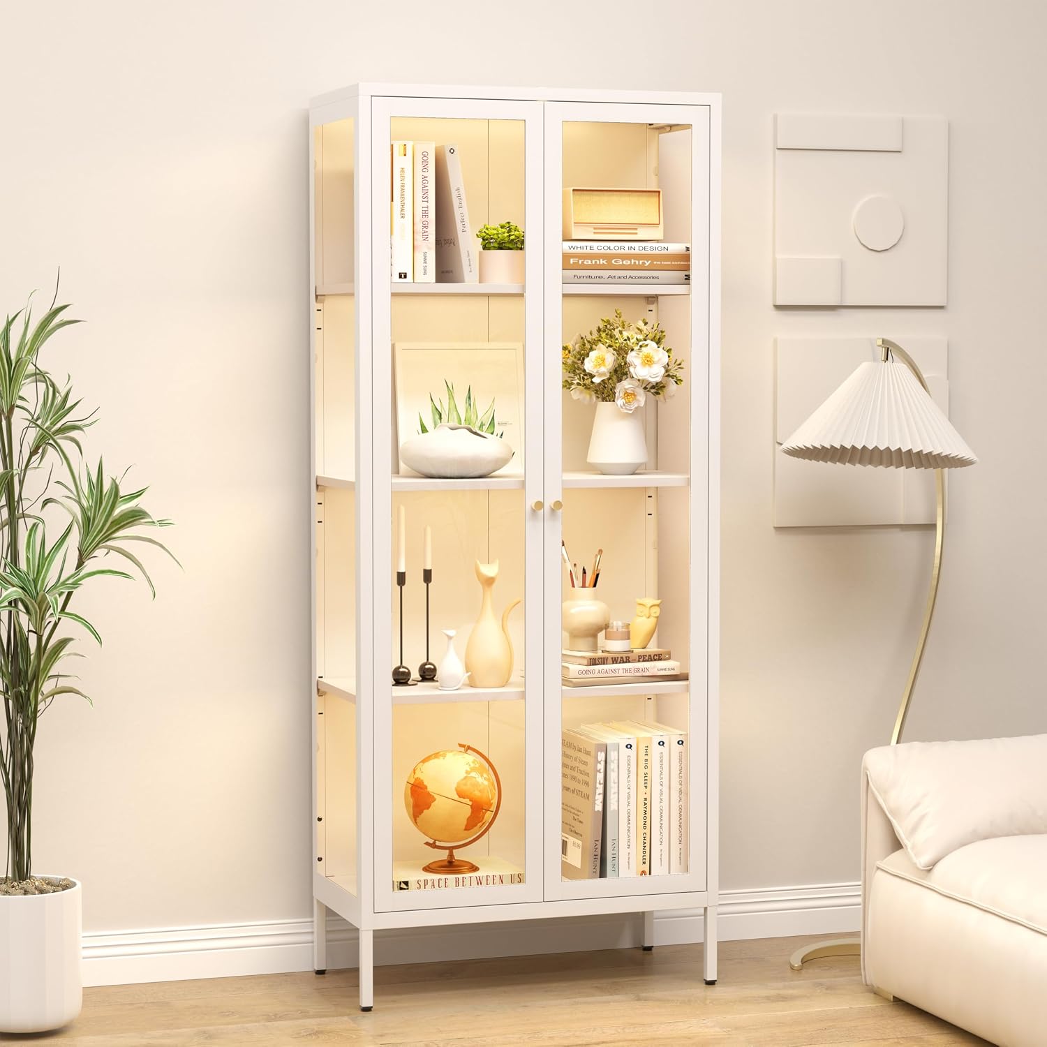 66"Glass Display Cabinet with 3 Color LED Lights,Metal Curio Cabinet with Glass Doors,4-Tier Display Case for Collectibles,Trophy,Plant,White Storage Cabinets For Living Room - Assemble Required