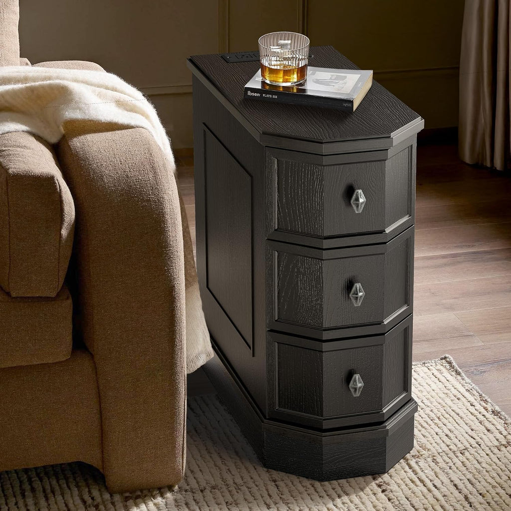 Nightstand with Charging Station, Vintage Wood End Table with 3 Drawer, Victoria Narrow Side Table, Slim Bedside Tables for Bedroom, Pre-Installation, Black