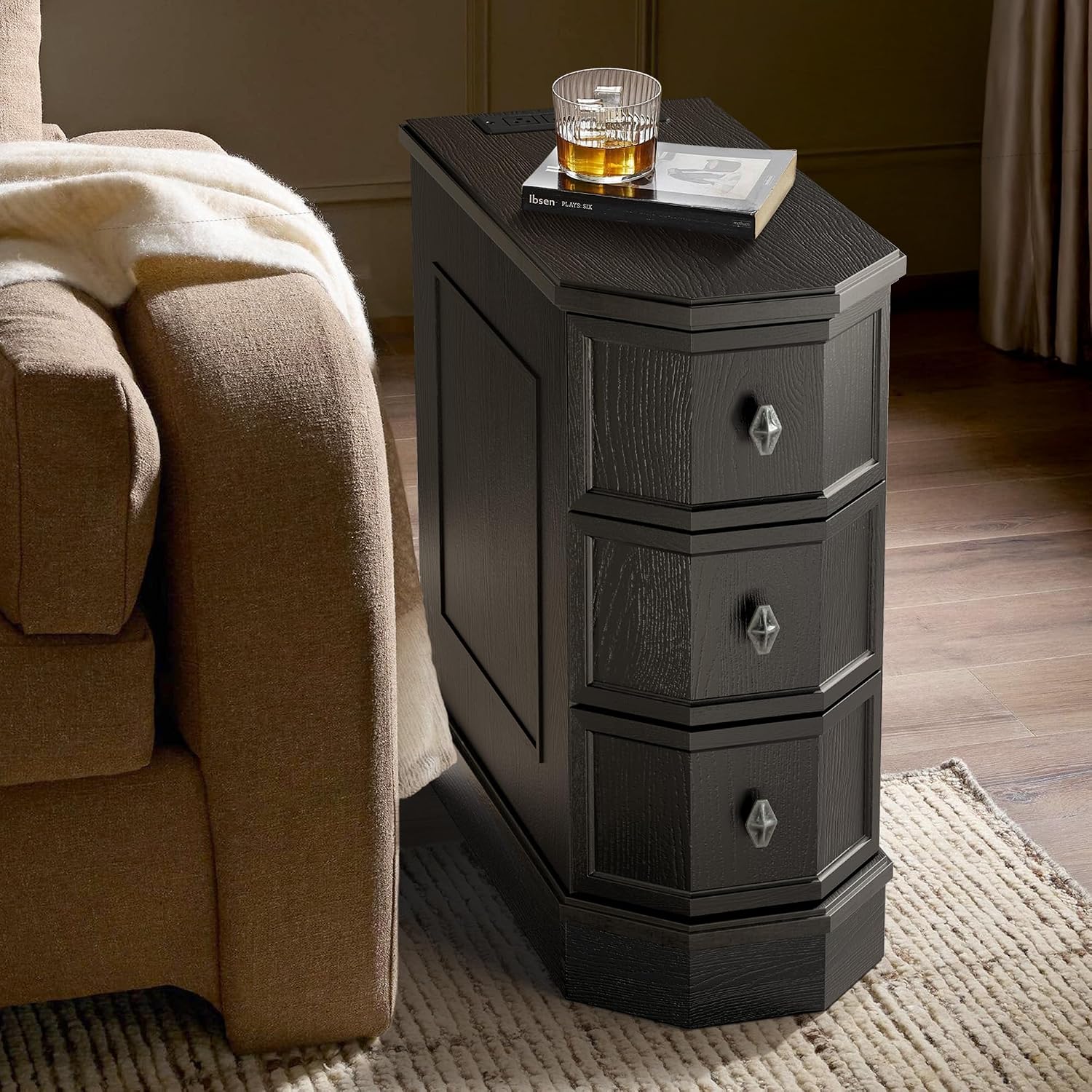 Nightstand with Charging Station, Vintage Wood End Table with 3 Drawer, Victoria Narrow Side Table, Slim Bedside Tables for Bedroom, Pre-Installation, Black
