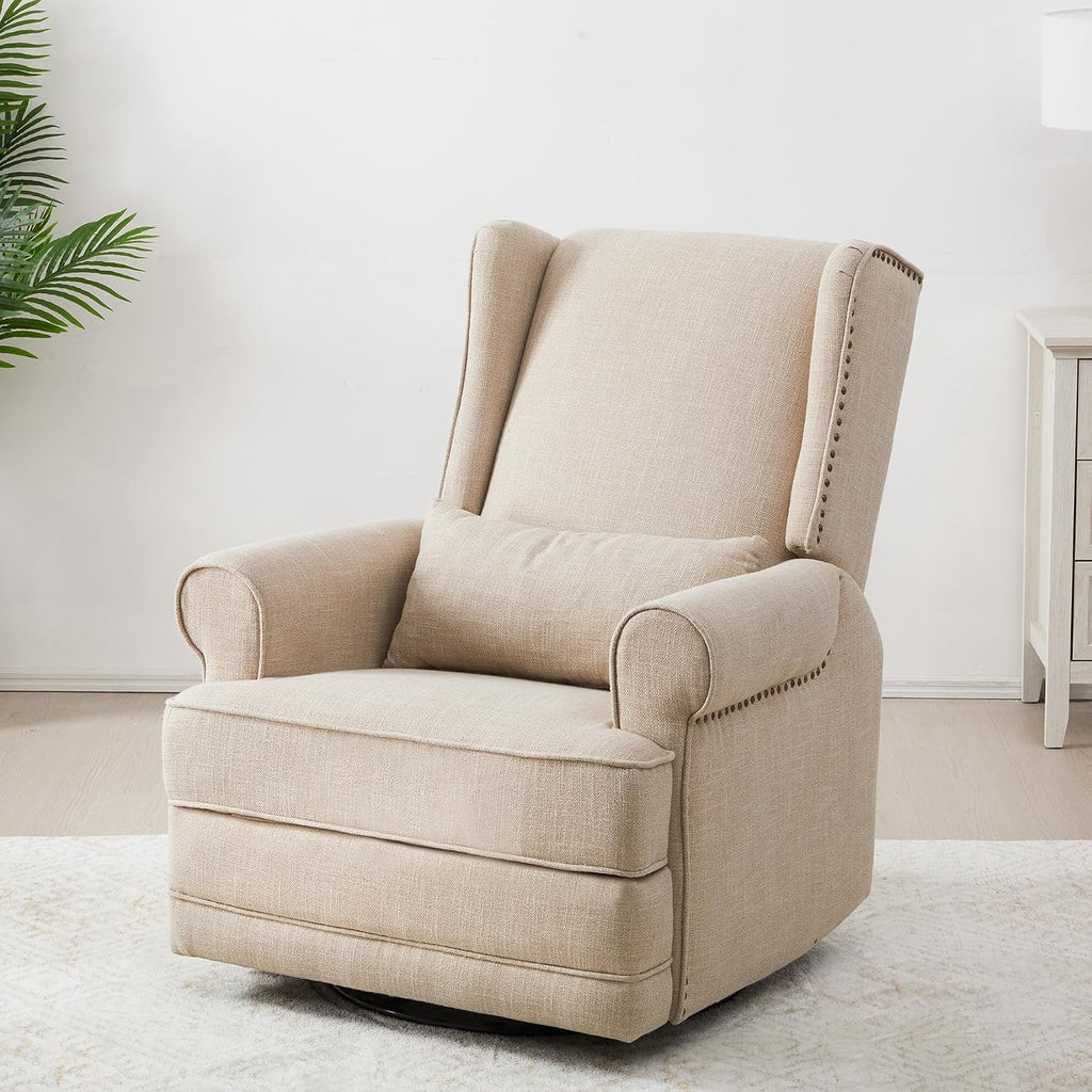 RoyalCraft Swivel Recliner Chair with Extra Large Footrest, Comfy Upholstered Glider Rocking Chair for Living Room, Bedroom and Ofice, Beige