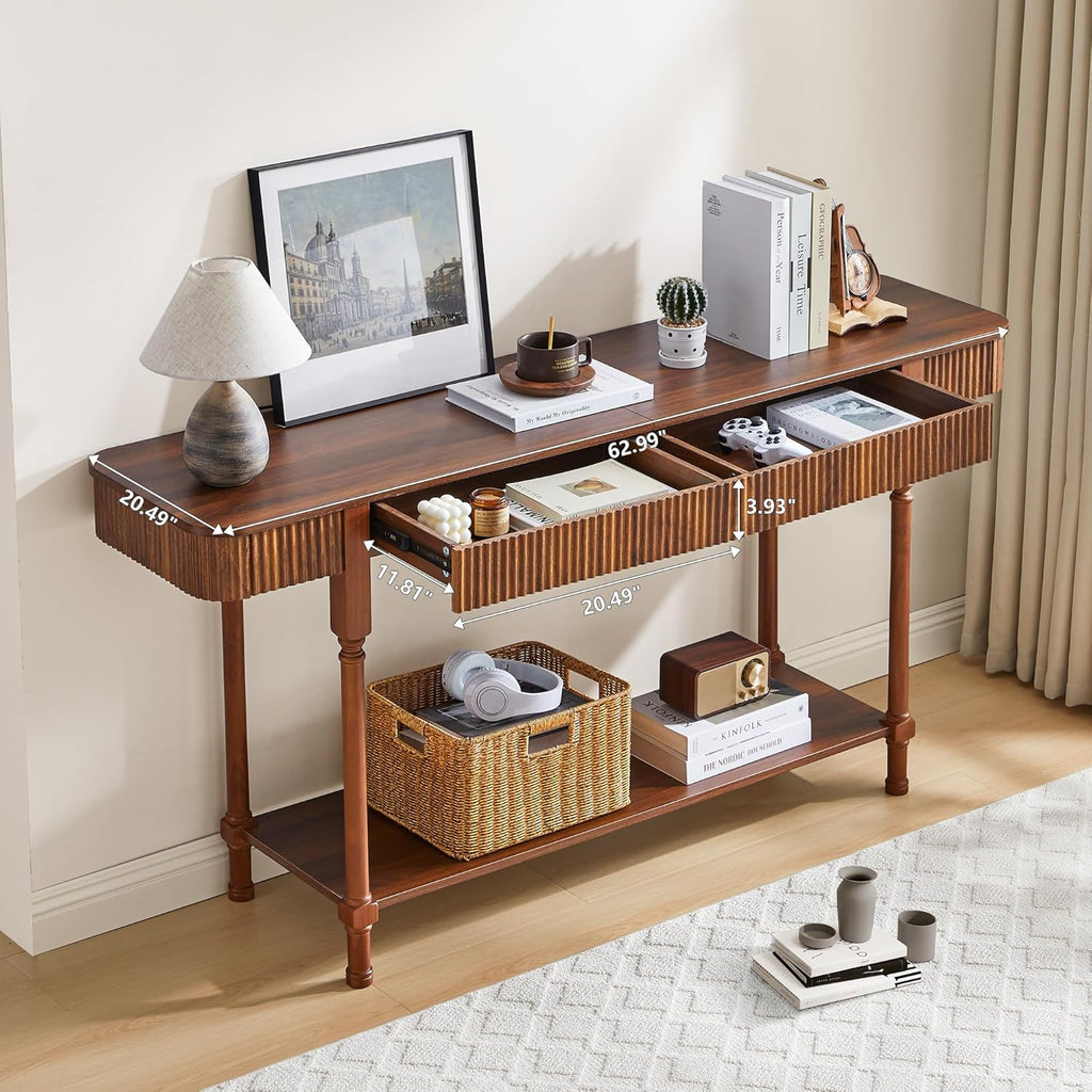 63'' Fluted Console Table with Drawers, Narrow Skinny Entryway Tables with Open Storage, Wooden Sofa Table Behind Couch, Foyer Accent Table for Living Room, Hallway, Entrance (Walnut)
