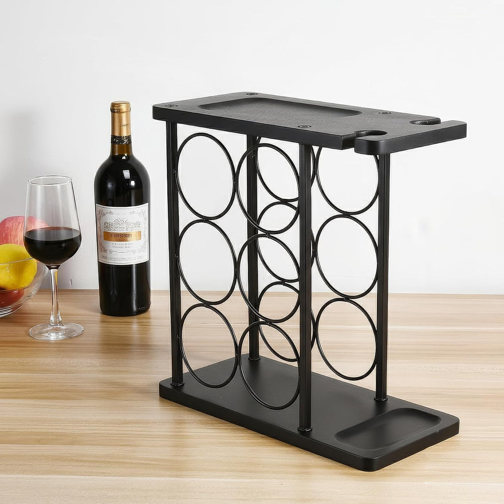 ALLCENER Modern Wine Rack Countertop, Matte Black 6 Bottle Wine Rack with Glass Holder, Metal Wine Holder Stand with Shelf & Corkscrew Tray for Home Bar & Kitchen