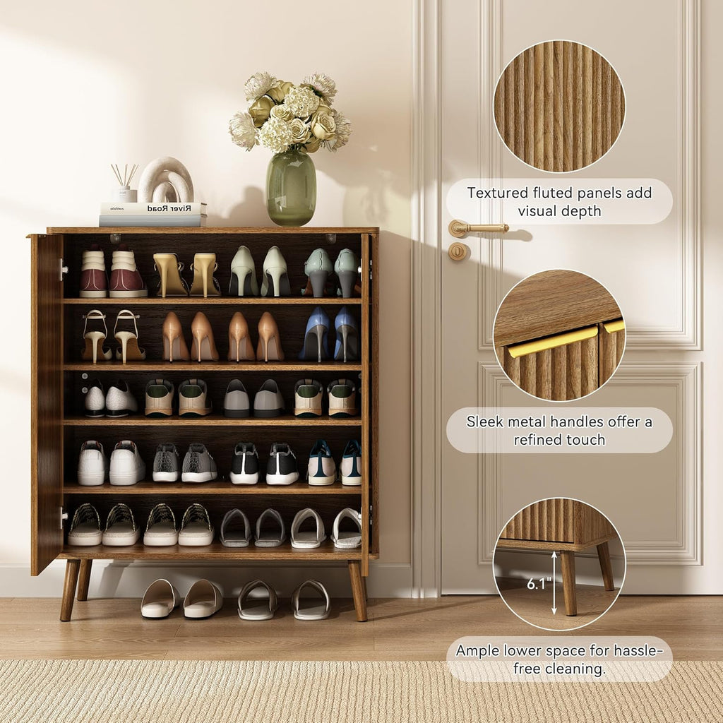 Fluted Shoe Cabinet with Doors, 5-Tier Shoe Storage Cabinet with Adjustable Shelves, Wooden Freestanding Shoe Organizer Shoe Cabinet for Entryway,Hallway,Living Room, Natural Oak