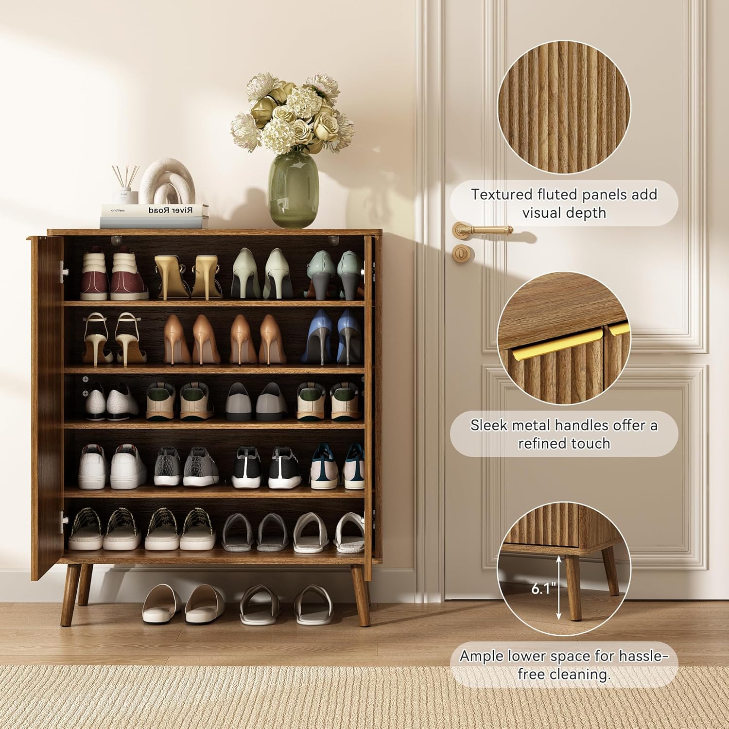 Fluted Shoe Cabinet with Doors, 5-Tier Shoe Storage Cabinet with Adjustable Shelves, Wooden Freestanding Shoe Organizer Shoe Cabinet for Entryway,Hallway,Living Room, Natural Oak