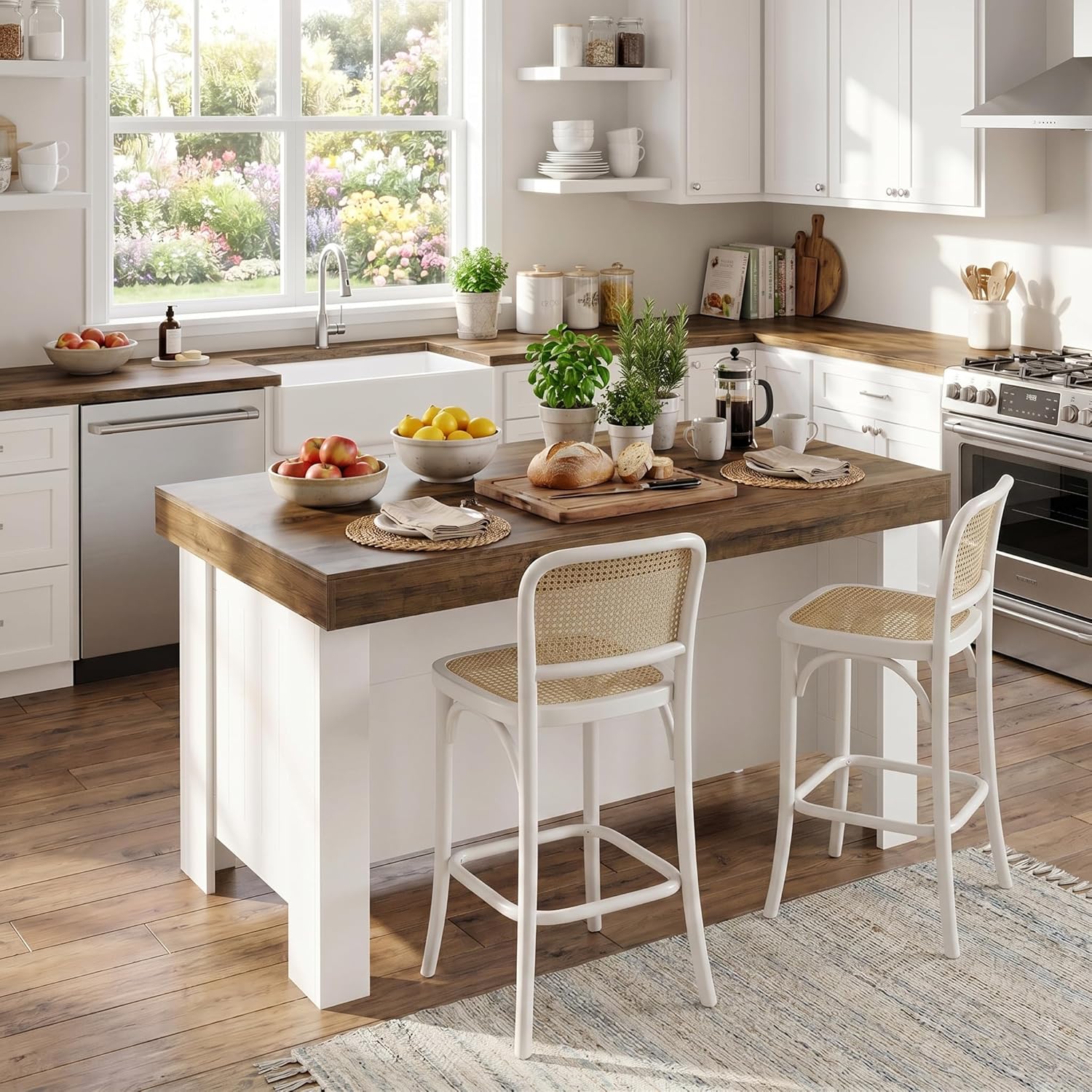 Tribesigns 55" Kitchen Island with Storage Shelves, 2-Tier Farmhouse Wood Counter Height Table with Seating, Large Stationary Island for Kitchen, Dining Room, Small Space (White)