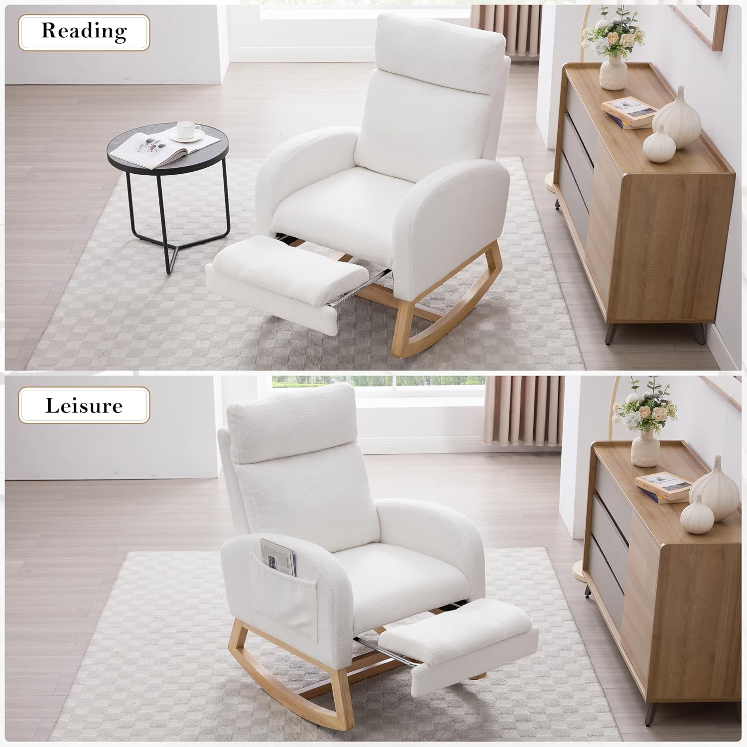 Teddy Fabric Rocking Chair with Adjustable Footstool, Nursery Rocker, High Backrest & Storage Pocket, White, 35.04"-49.21" D X 27.36" W X 40.16"-41.73" H