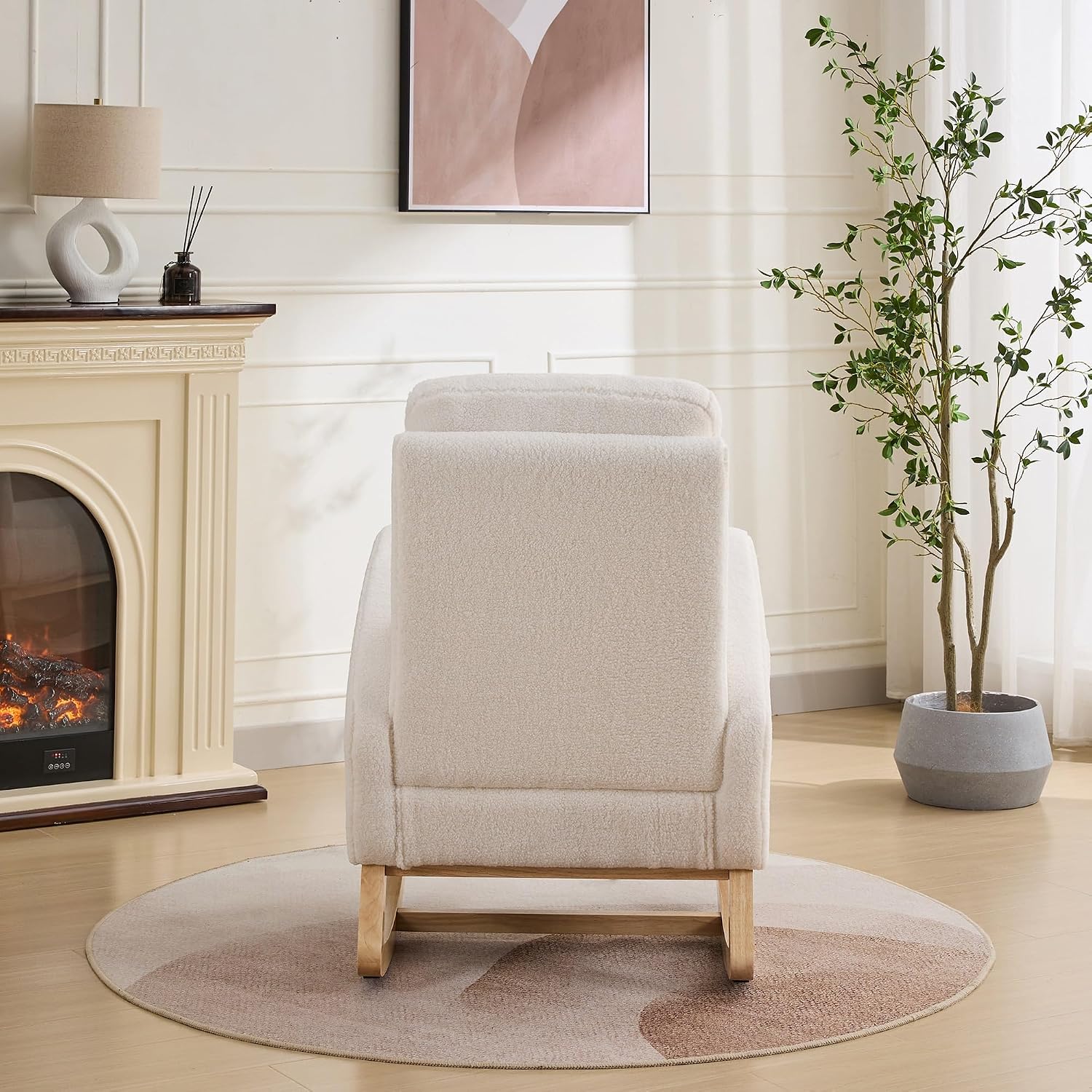 27.2" W Sherpa Glider Chair for Nursery – High Back Rocking Accent Armchair with Side Pockets & Rubber Wood Legs – Ivory Comfort Chair for Living Room, Bedroom