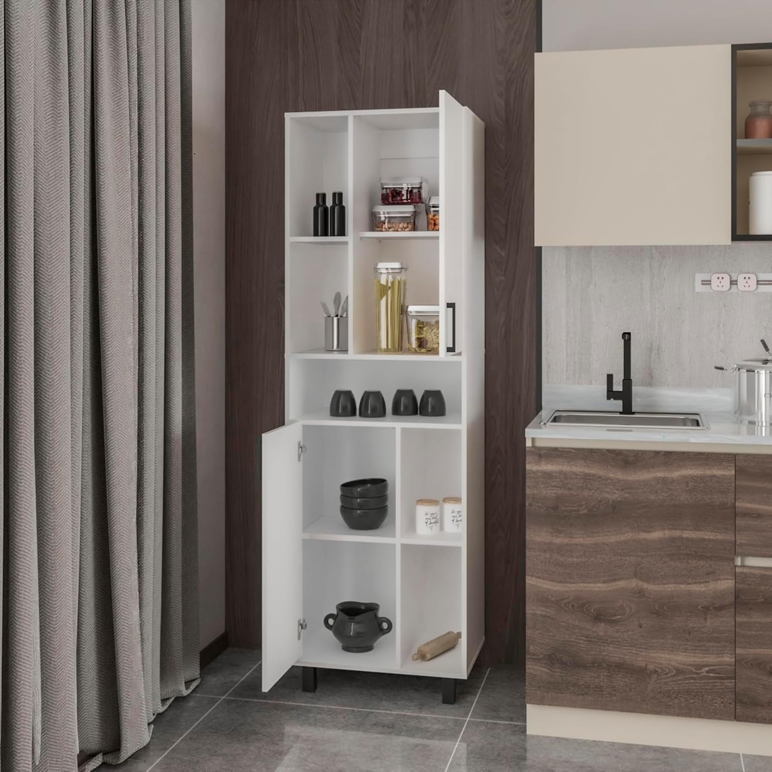 23.6" D*16.2" W*74.8" H Freestanding Kitchen Pantry with 4 Shelves, 2 Single Doors, Rectangular Storage Cabinet, Modern Minimalist, for Living Room, Dining Room, White