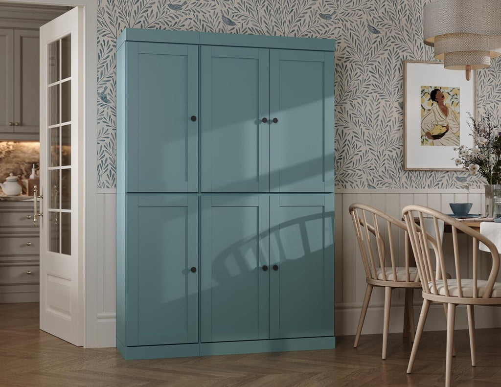 Palace Imports Solid Wood Kitchen Pantry Cabinet 71.5" Tall, 48.5" Wide – Wooden Storage Cabinet w/ 6 Shaker Doors & 8 Adjustable Shelves – Aqua, 100% Renewable Eco-Friendly Wood, Made in Brazil